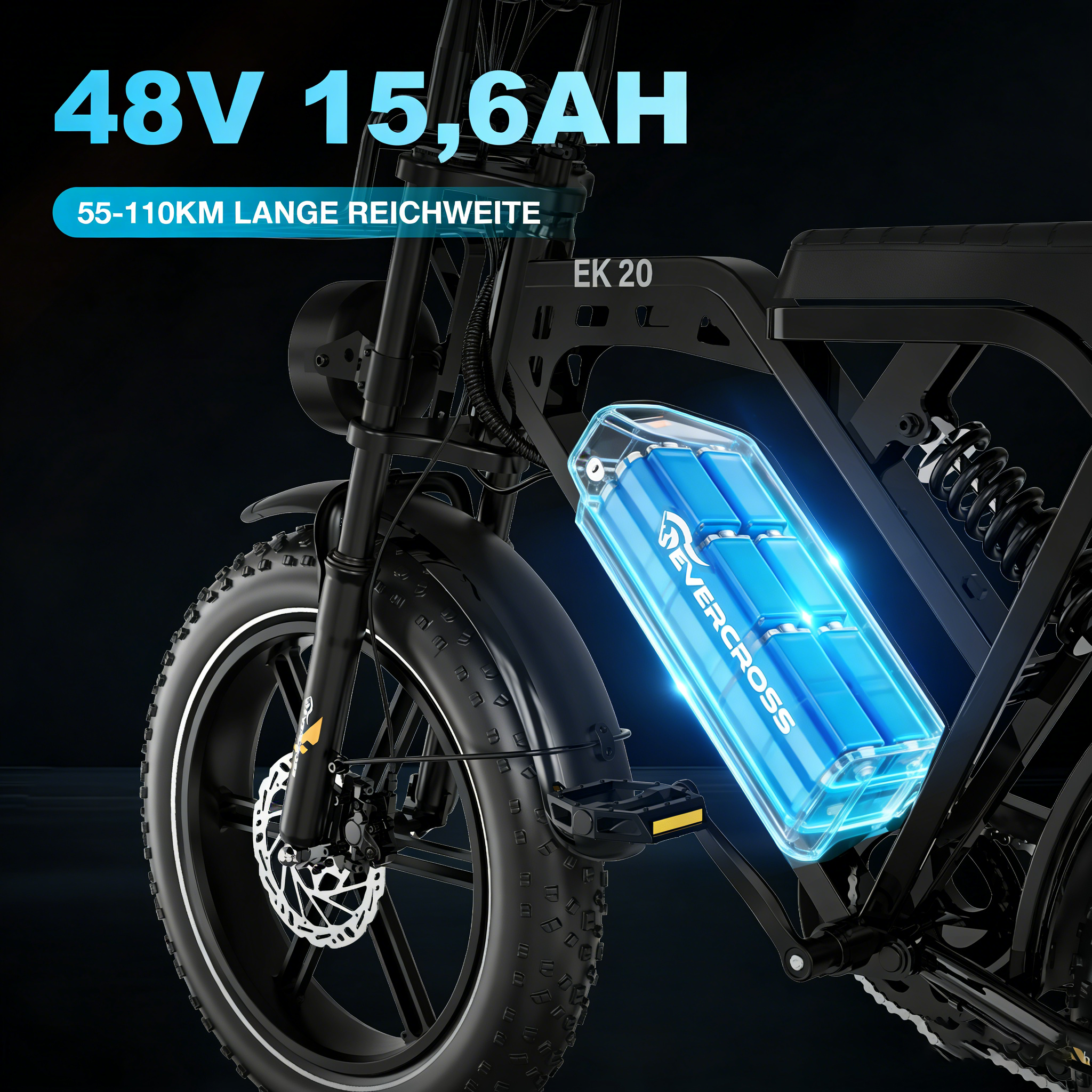 Ein schwarzes E-Bike mit einem leuchtend blauen Akku, 48V 15,6AH, 55-110KM Reichweite.