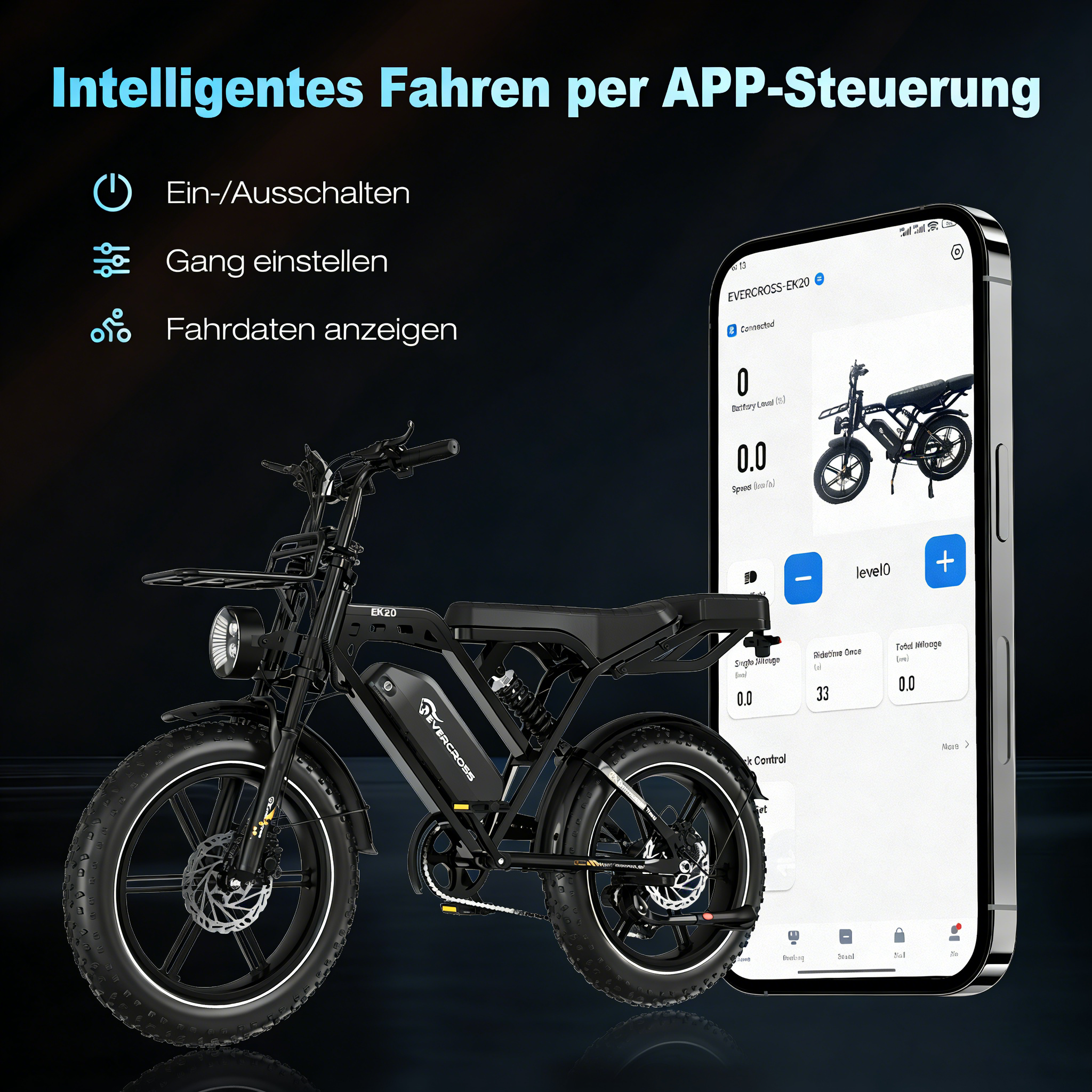 Schwarzes E-Bike mit App-Steuerung und Smartphone, das die Fahrdaten anzeigt.