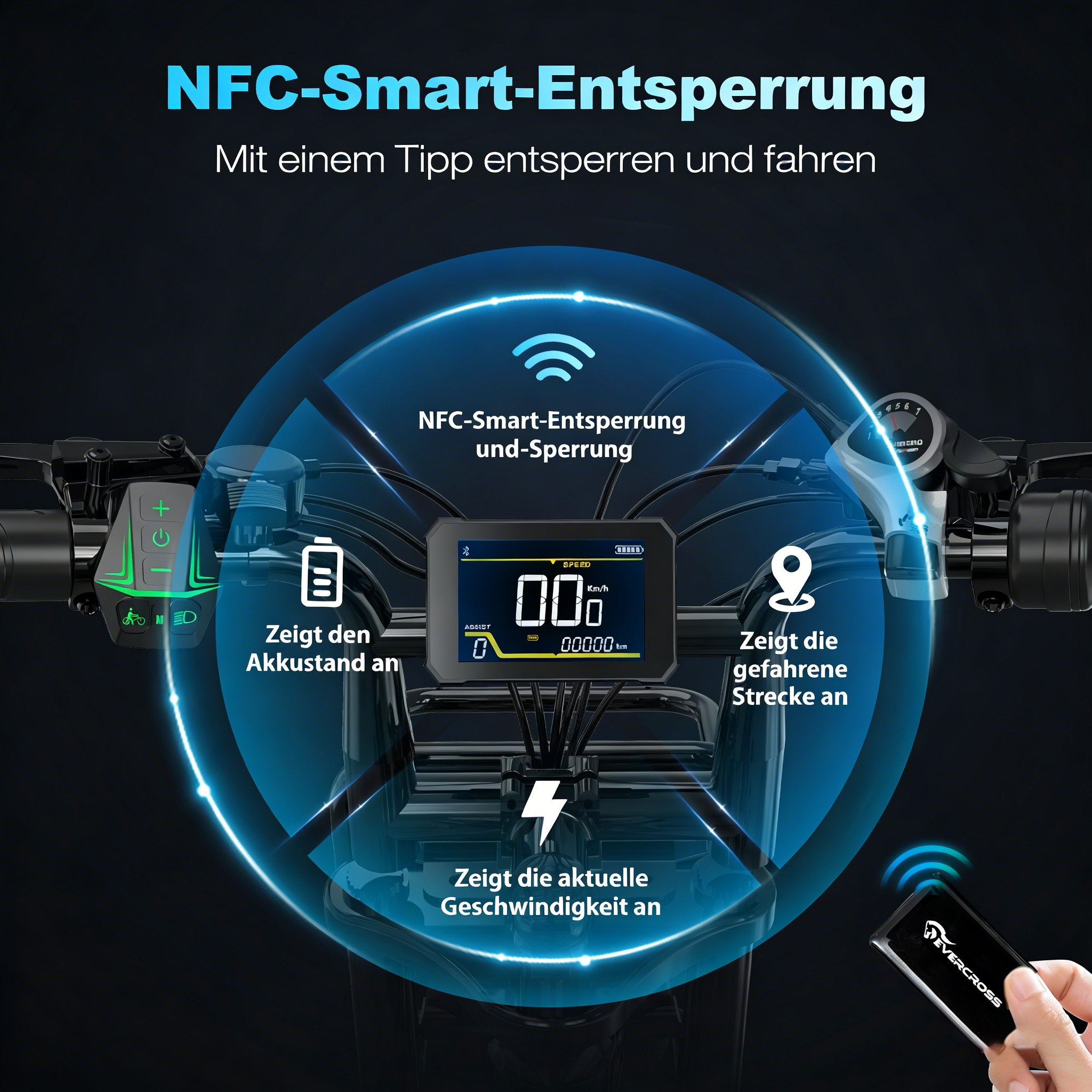 NFC-Smart-Entsperrung: Zeigt Akkustand, Strecke und Geschwindigkeit an.