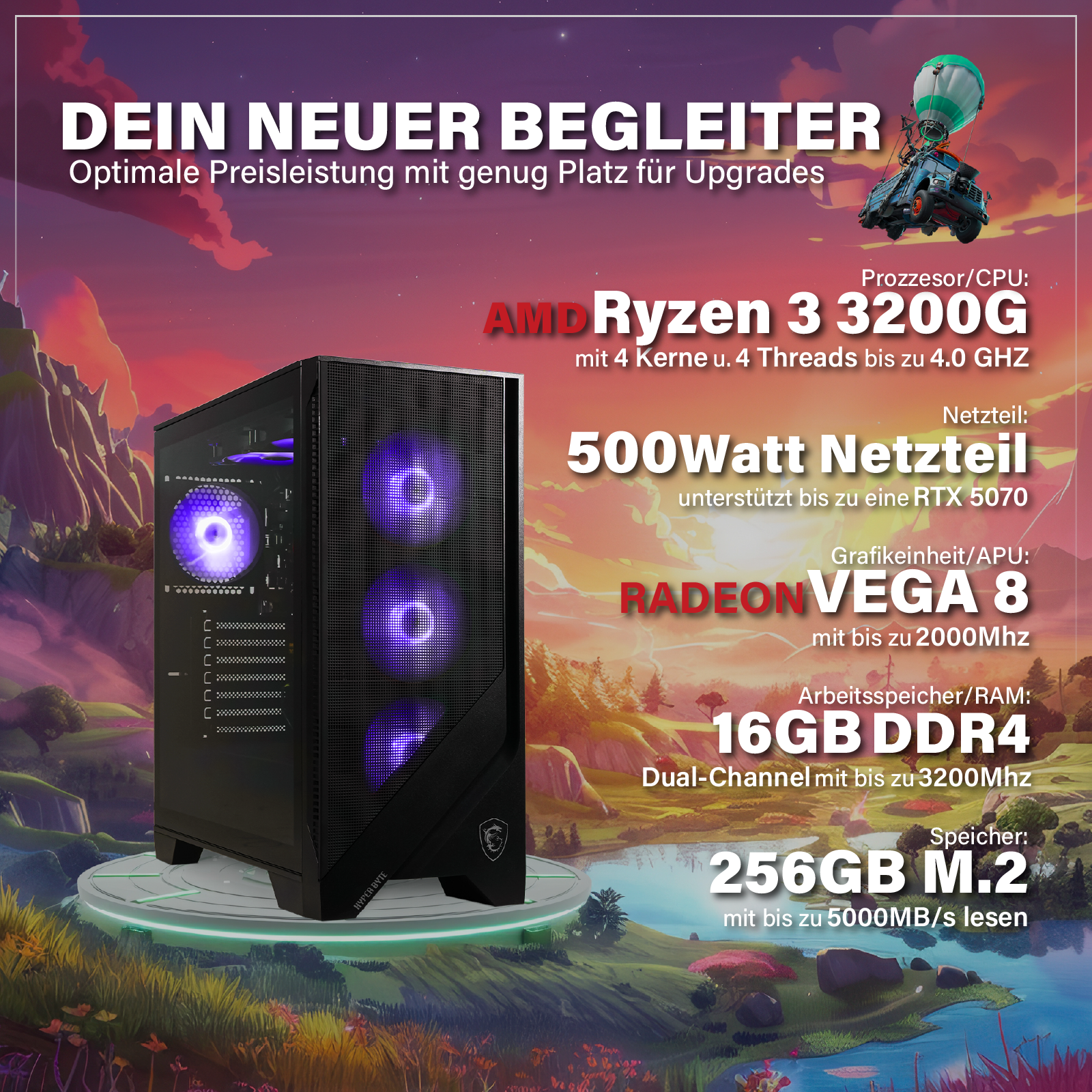 Komputer gamingowy z fioletowymi wentylatorami i specyfikacjami: Ryzen 3, zasilacz 500W, Radeon Vega 8.