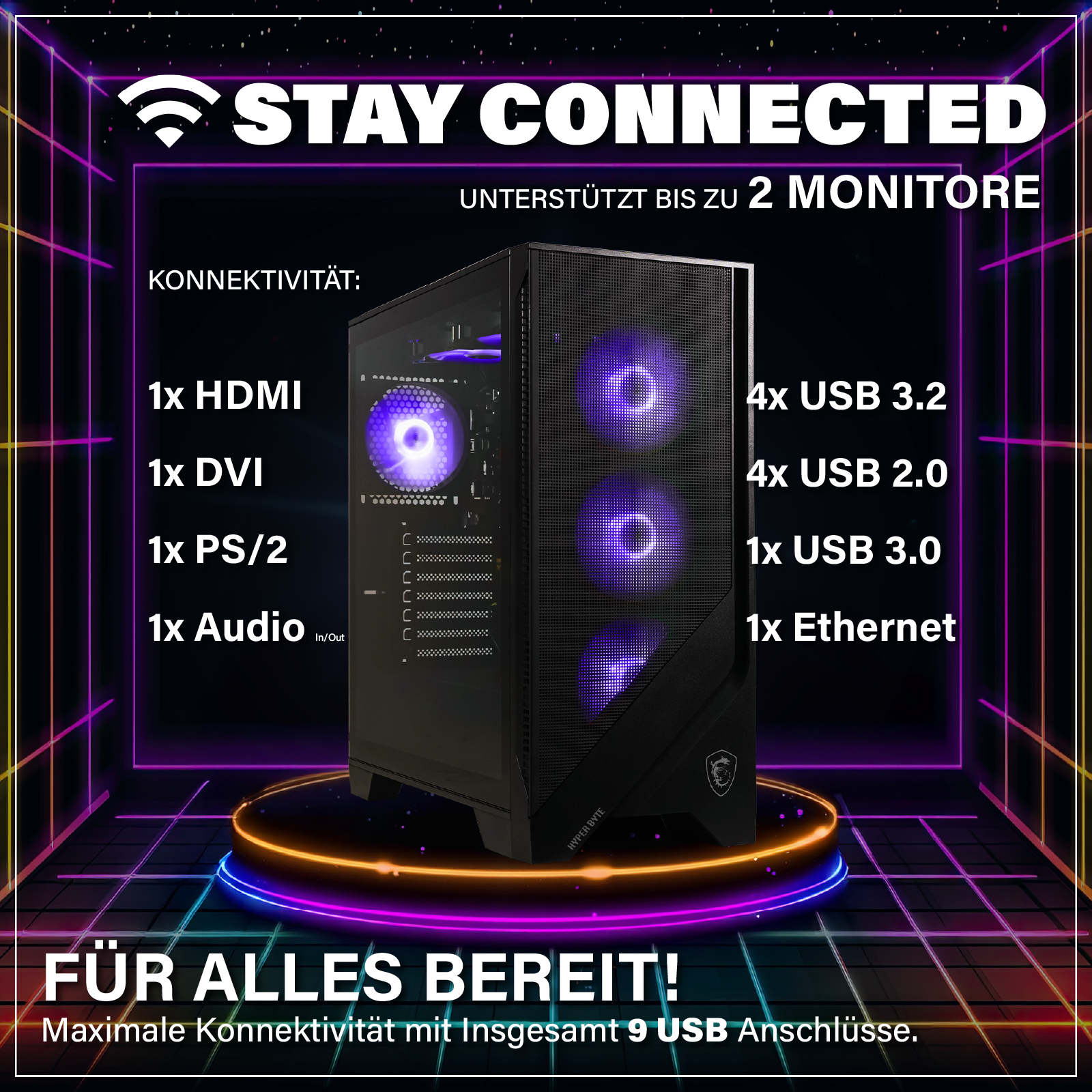 Czarny komputer z fioletowymi wentylatorami i portami HDMI, DVI, USB 3.2/2.0/3.0, Ethernet.