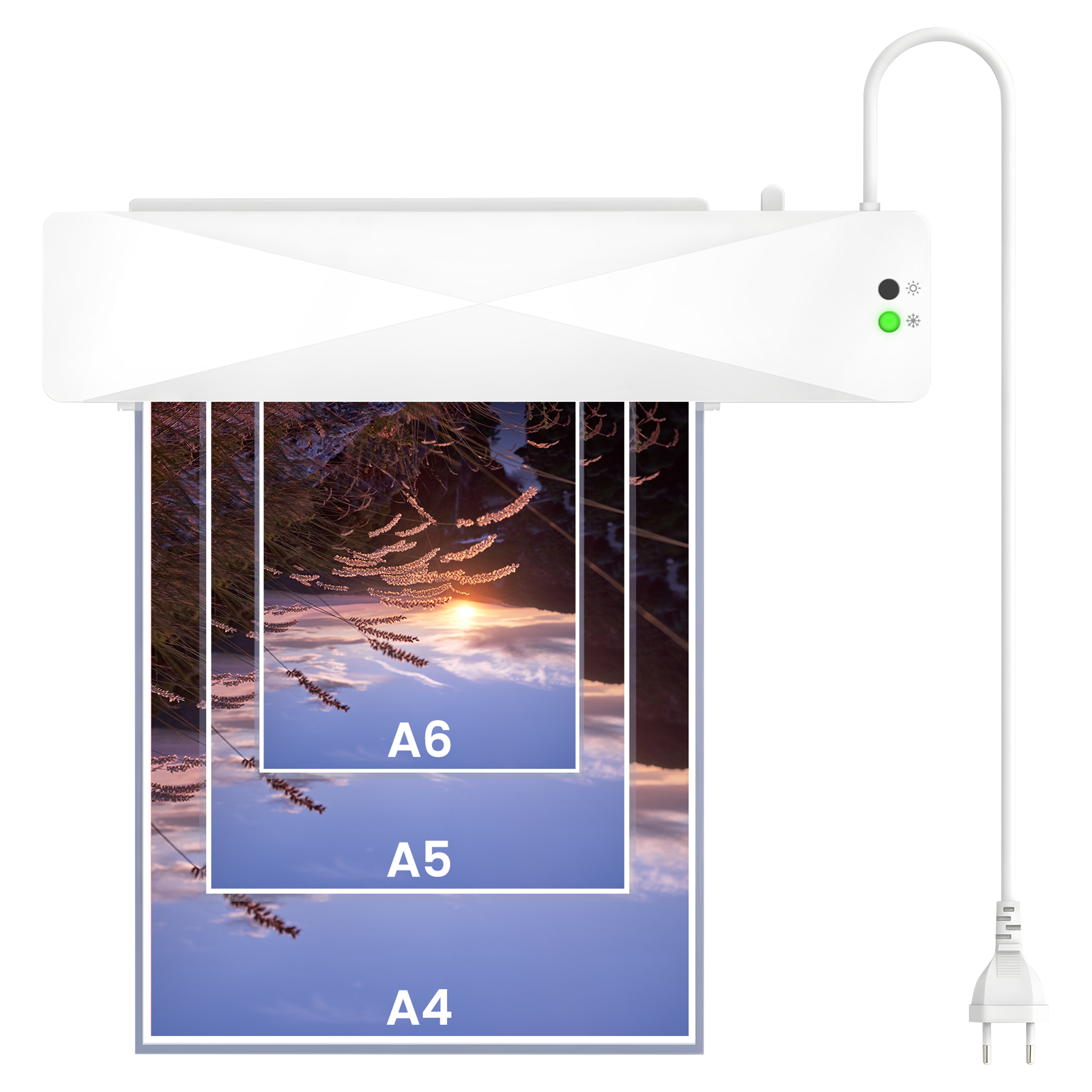 Biała laminarka z kablem i wtyczką, wydająca obraz traw o zachodzie słońca.