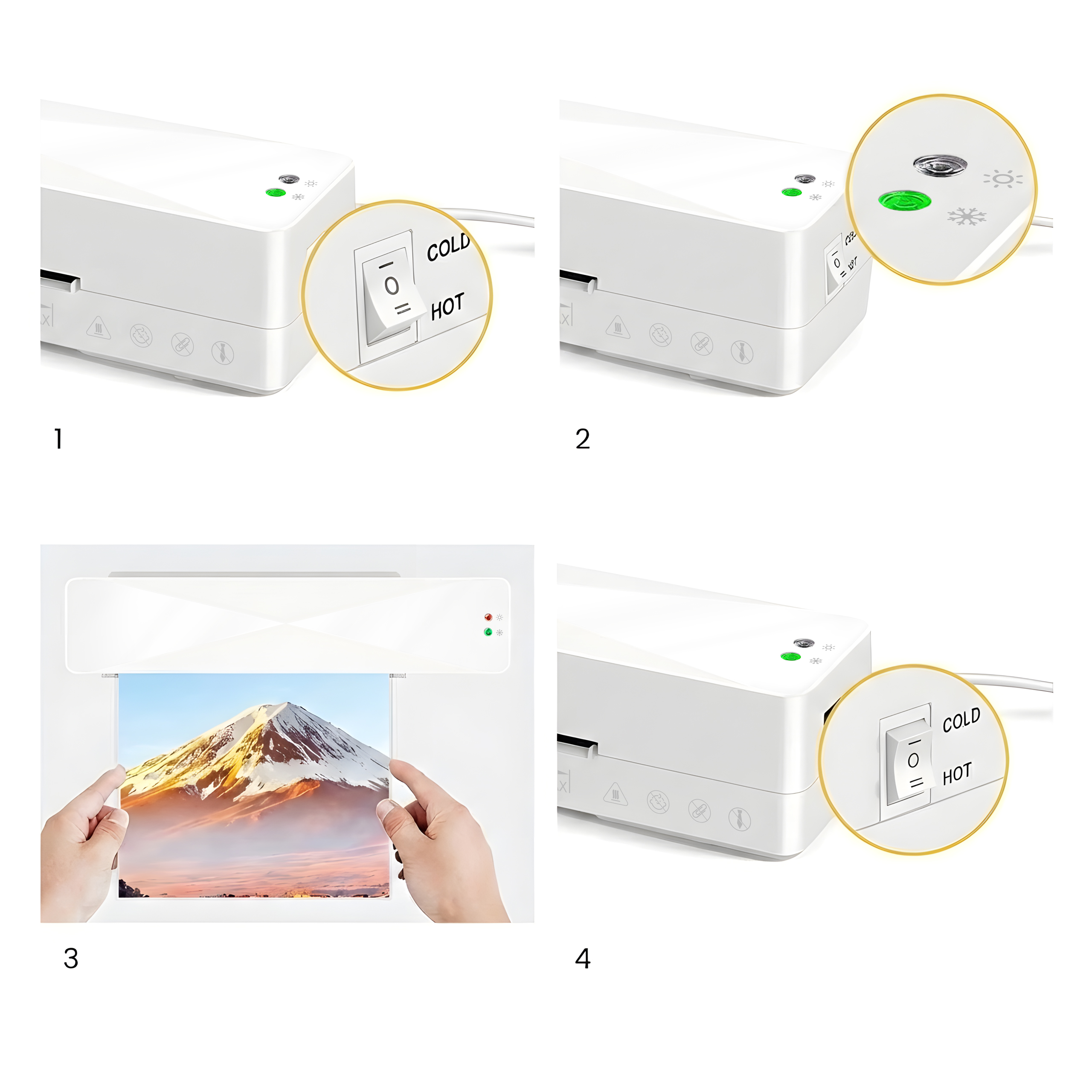 Zbliżenie białej laminarki ze włącznikiem i wskaźnikami.
