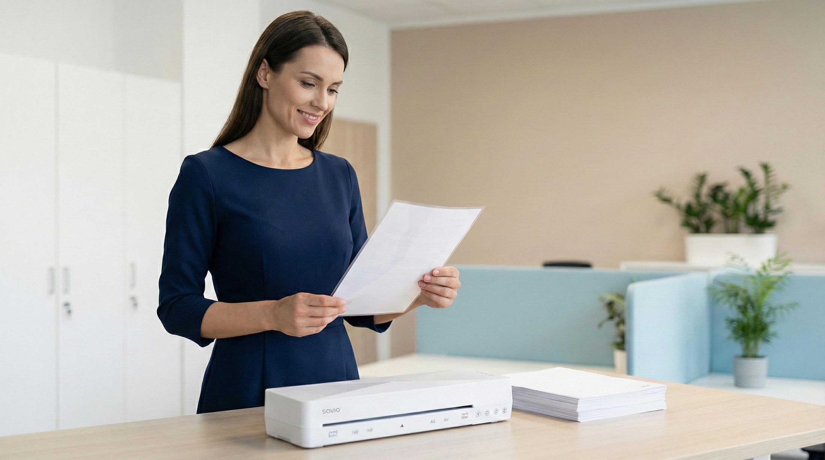 Kobieta w niebieskiej sukience trzyma dokumenty przy laminatorze i stosie.