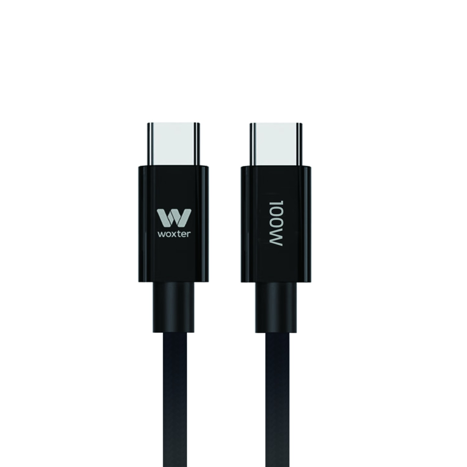 Dos cables USB-C negros con logotipos "W" y "100W" sobre fondo blanco.