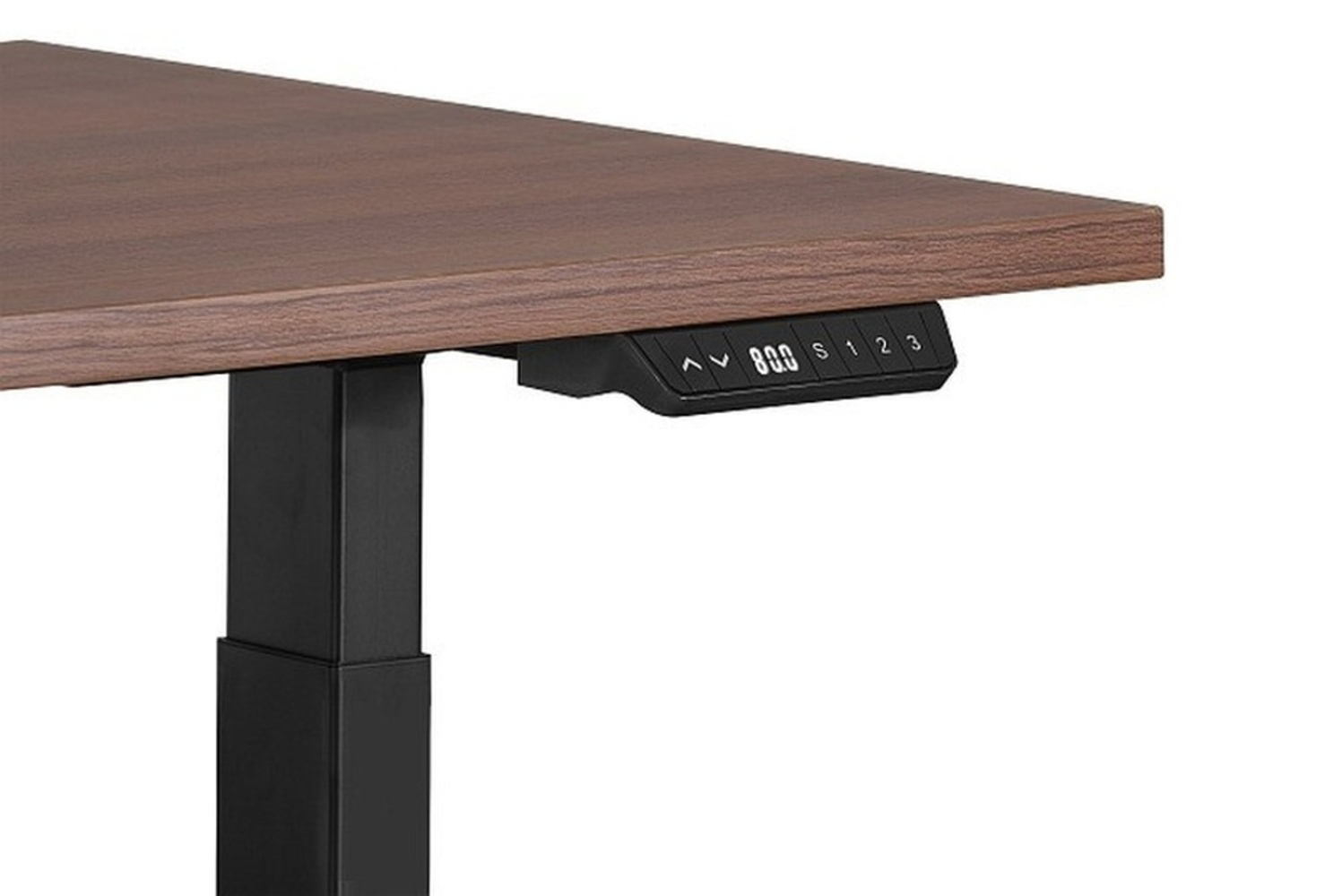 Biurko z regulacją wysokości, drewnianym blatem i czarnym panelem sterowania.