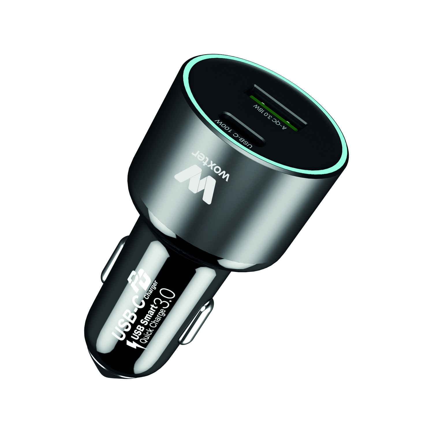 Un cargador de coche Woxter USB-C negro con dos puertos y luz azul.