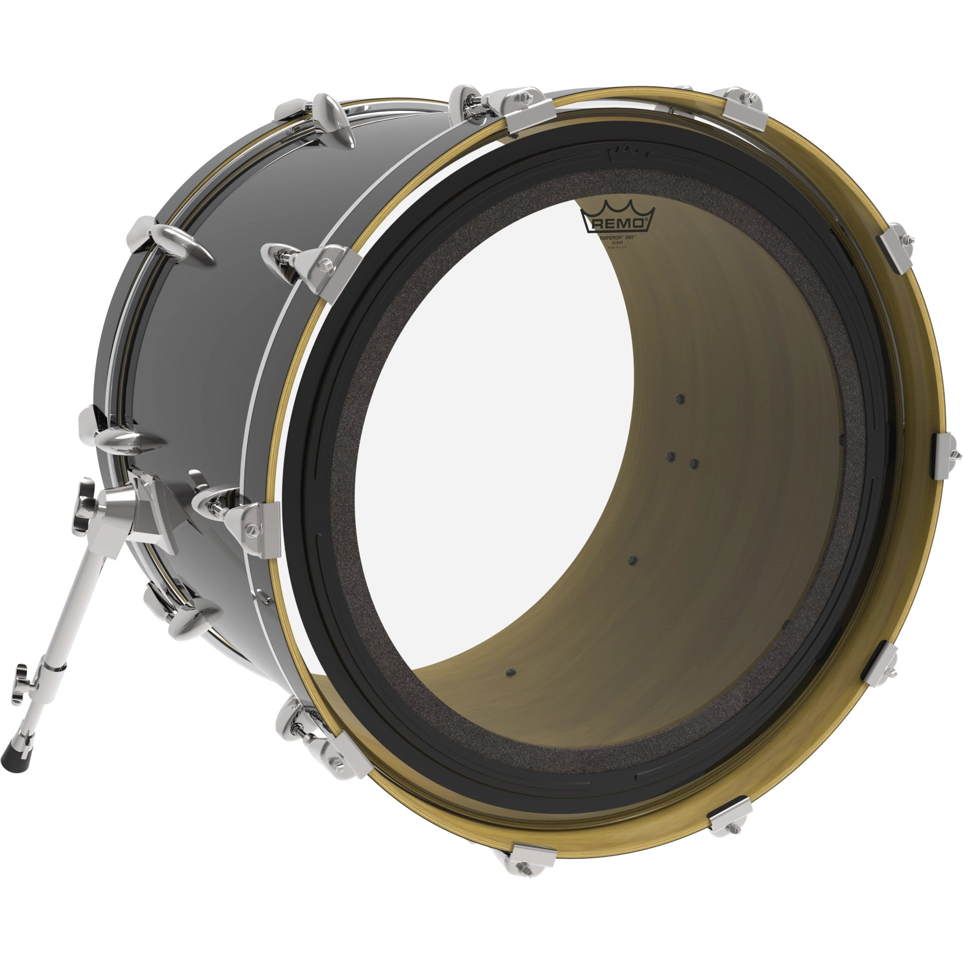 Zwarte basdrum met zilveren spanners en gouden rand.