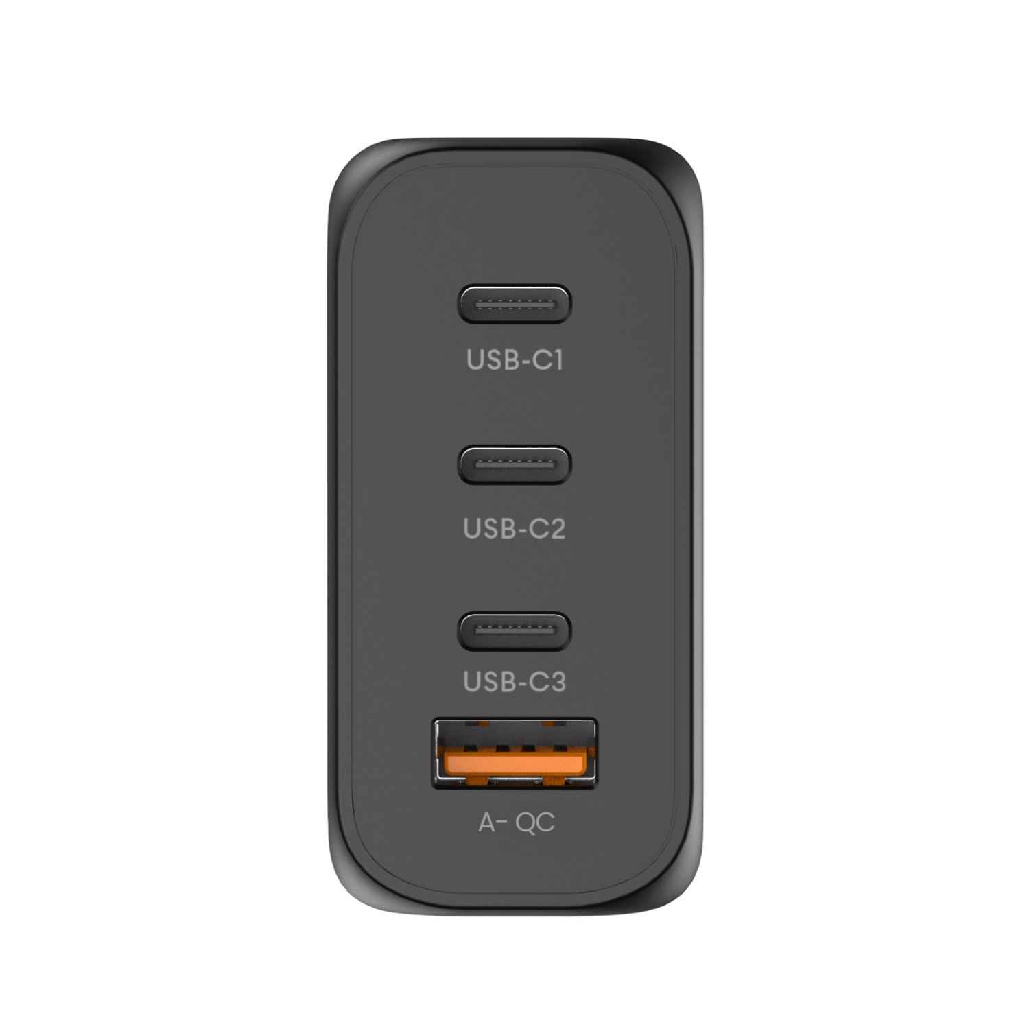 Un cargador USB gris oscuro con tres puertos USB-C y un puerto USB-A QC.