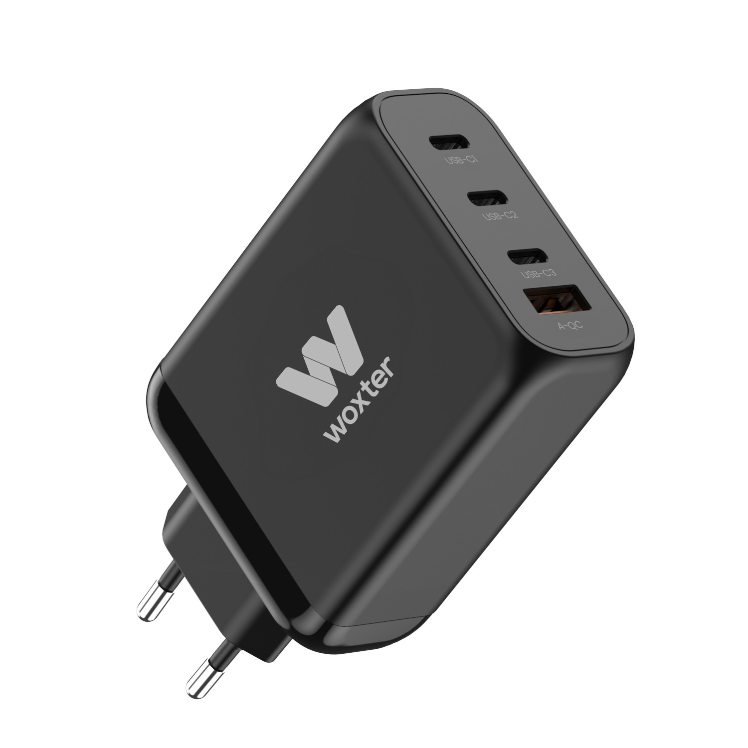 Un cargador USB-C Woxter negro con tres puertos USB-C y un puerto USB-A.