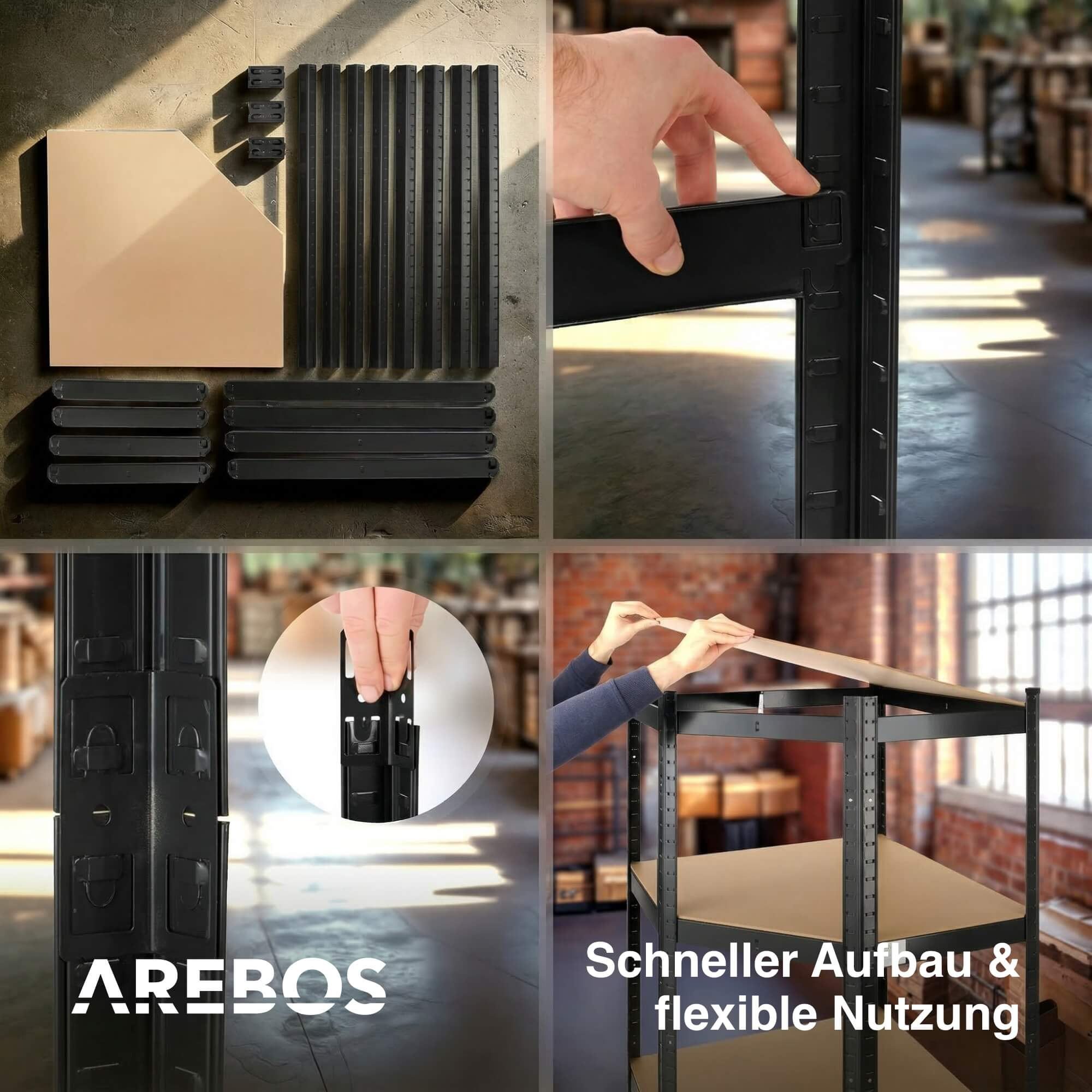 Teile eines schwarzen Regalgestells mit braunen Einlegeböden und Montageanleitung.