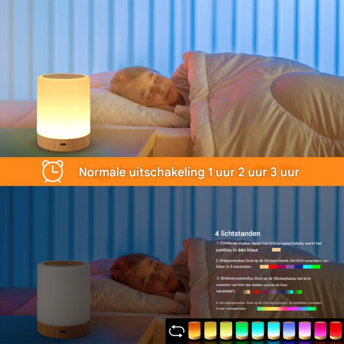 Ein Mädchen schläft neben einer Nachttischlampe, die verschiedene Farben anzeigt.