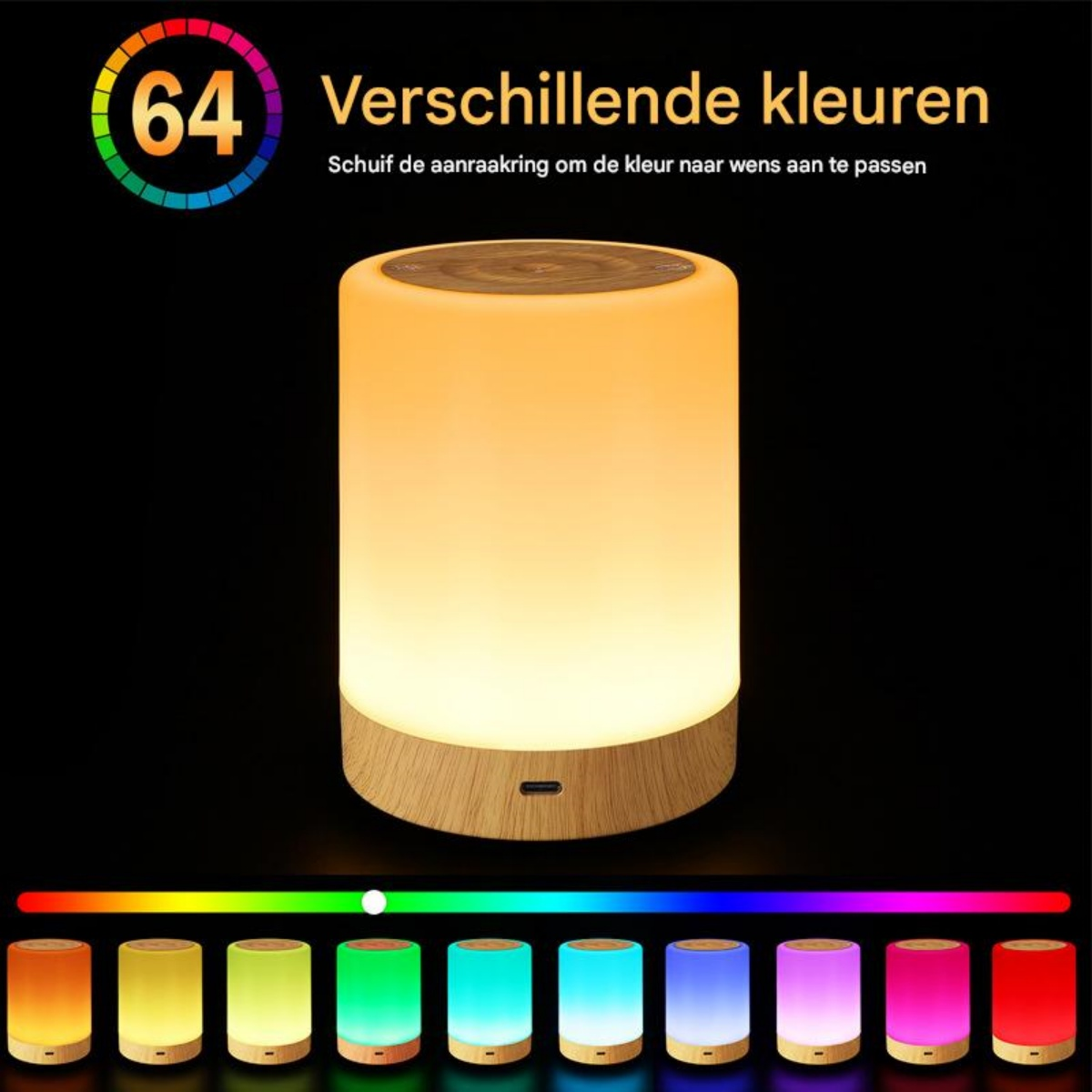 Eine Nachttischlampe mit Holzsockel, die verschiedene Farben beleuchtet.