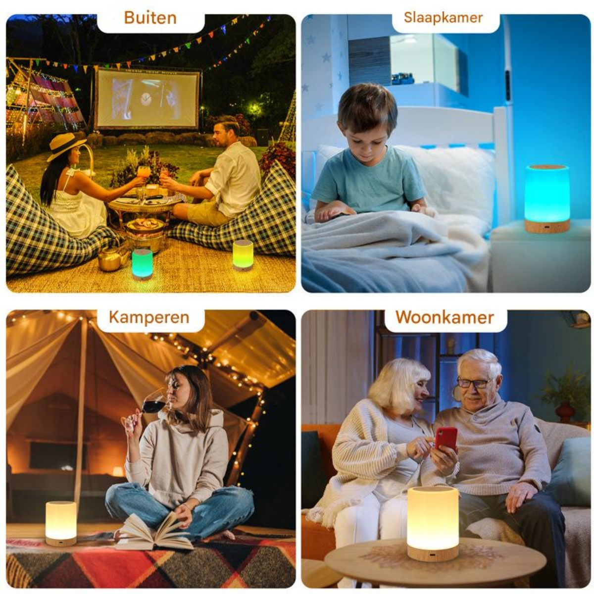 Vier Szenen: Kino im Freien, Kind im Schlafzimmer, Camping, älteres Paar im Wohnzimmer.