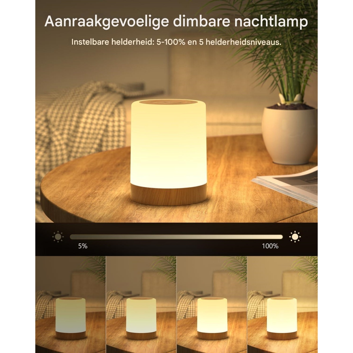 Eine Nachttischlampe mit Holzsockel leuchtet auf einem Tisch. Helligkeitsskala.