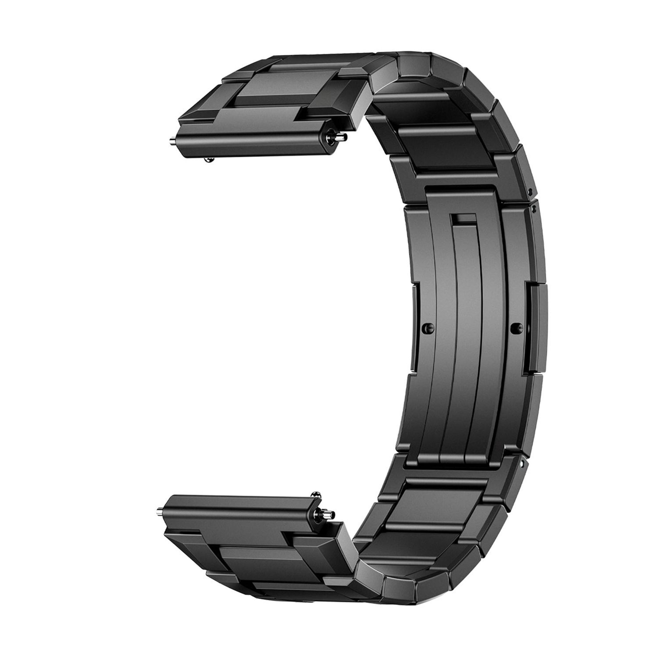 Ein schwarzes, glänzendes Metall-Uhrenarmband, das auf einer Seite befestigt ist.