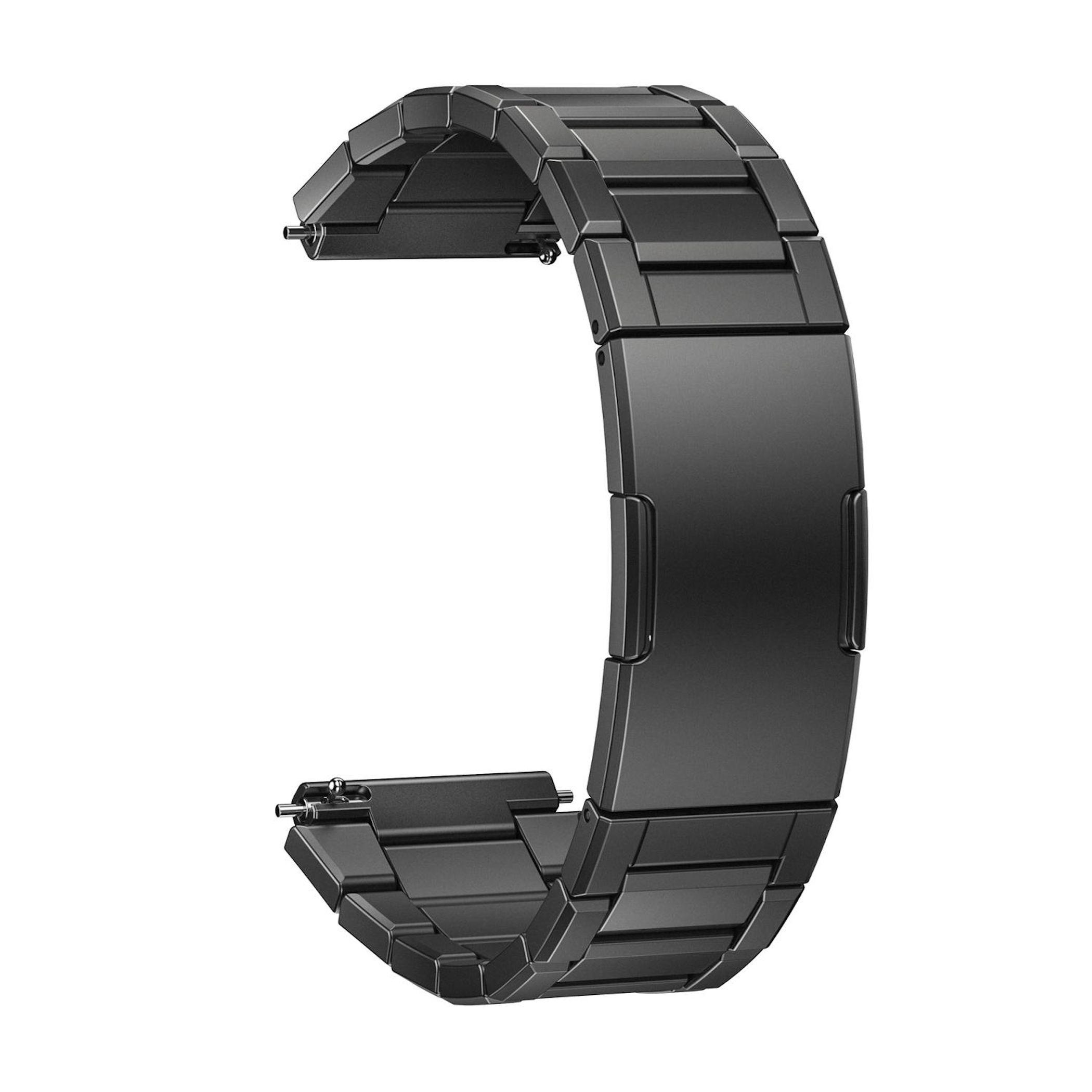 Ein schwarzes, glänzendes Metallarmband mit Gliedern, das auf einem weißen Hintergrund liegt.