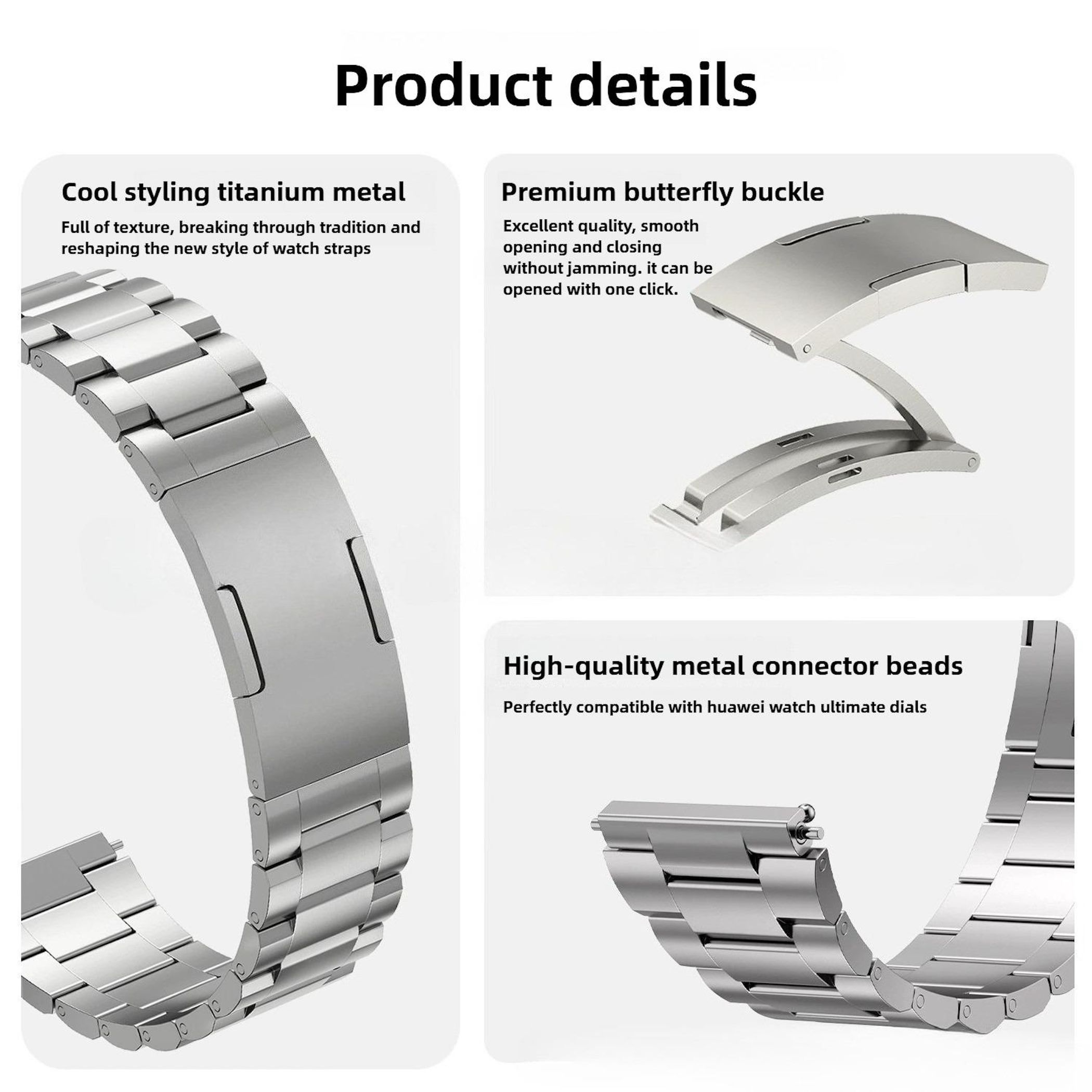 Produktbild mit drei Abschnitten: Titanarmband, Schmetterlingsverschluss und Metallverbinder.