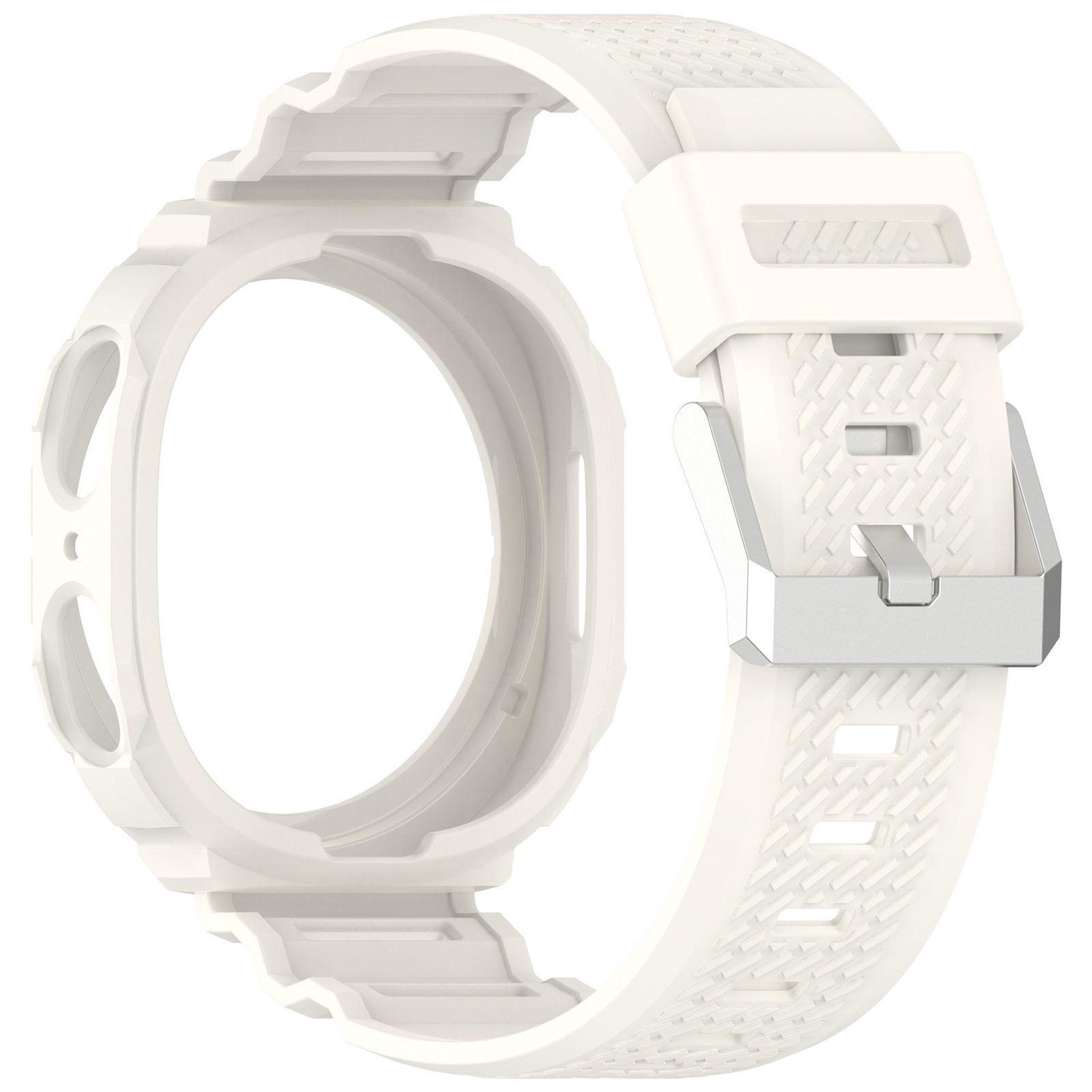 Ein weißes Armband mit Metallschnalle und einem Schutzrahmen für ein Smartwatch-Display.