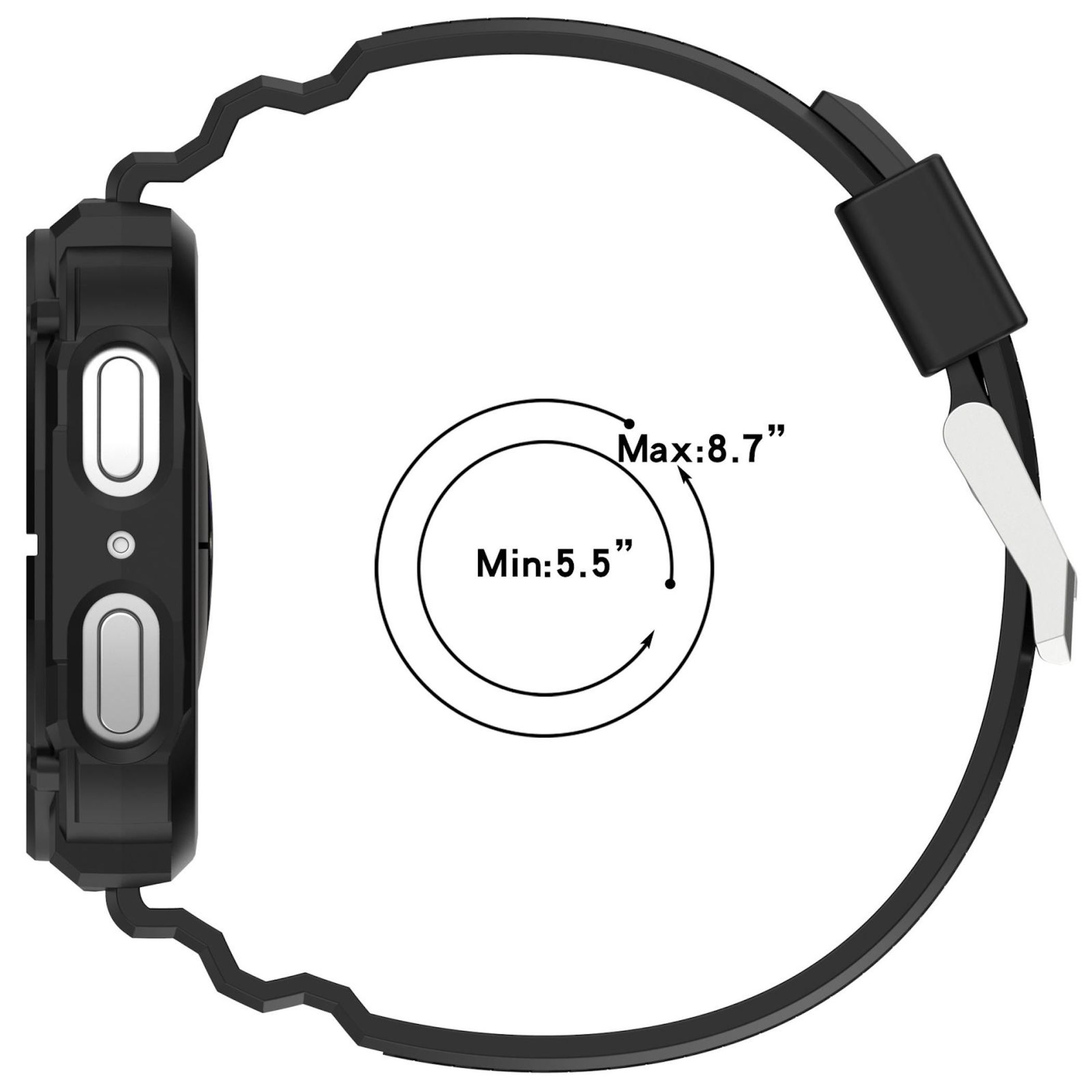 Schwarzes Smartwatch-Armband mit silberner Schnalle und Maßangaben.