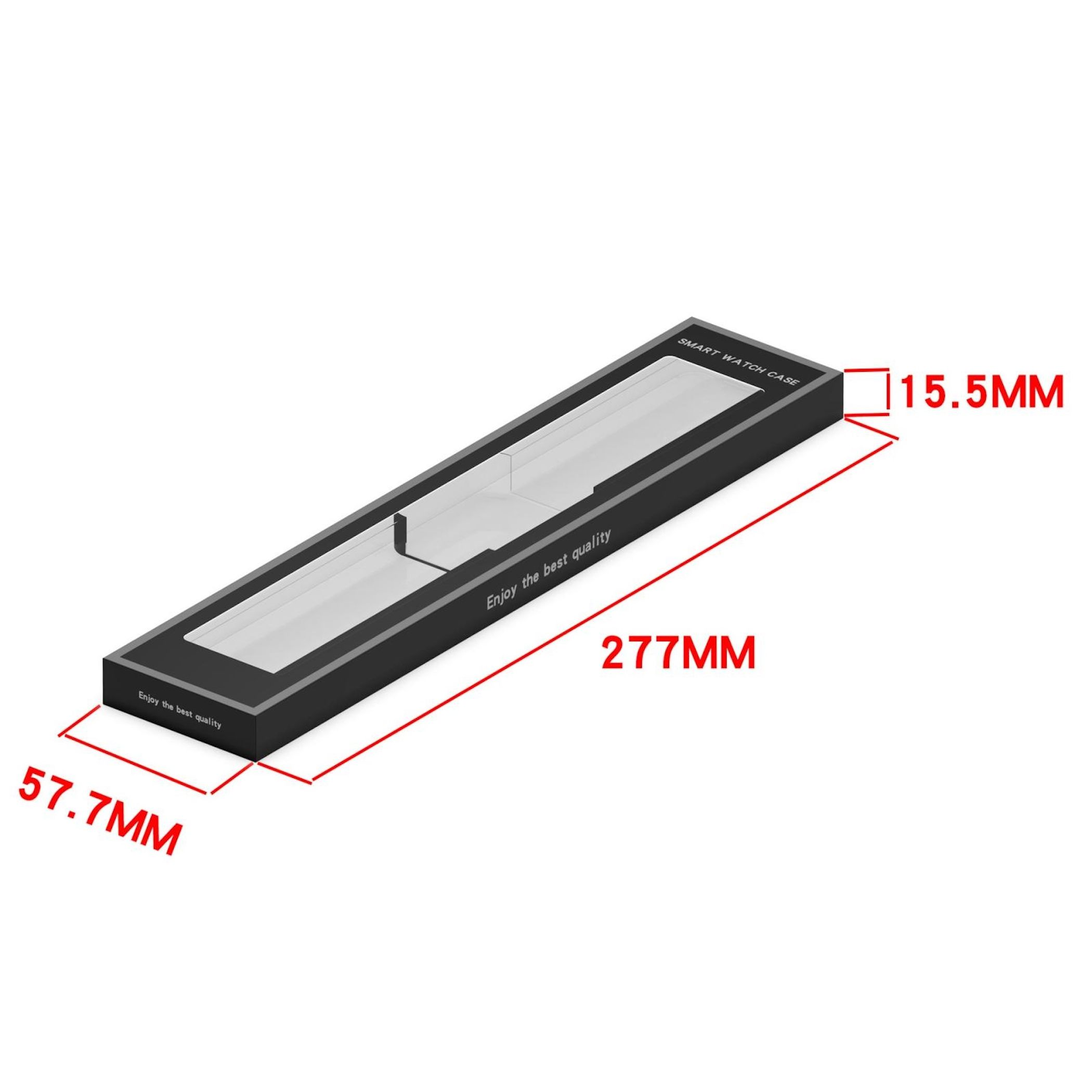 Eine schwarze Smartwatch-Verpackung mit Maßen 277mm x 57.7mm x 15.5mm.
