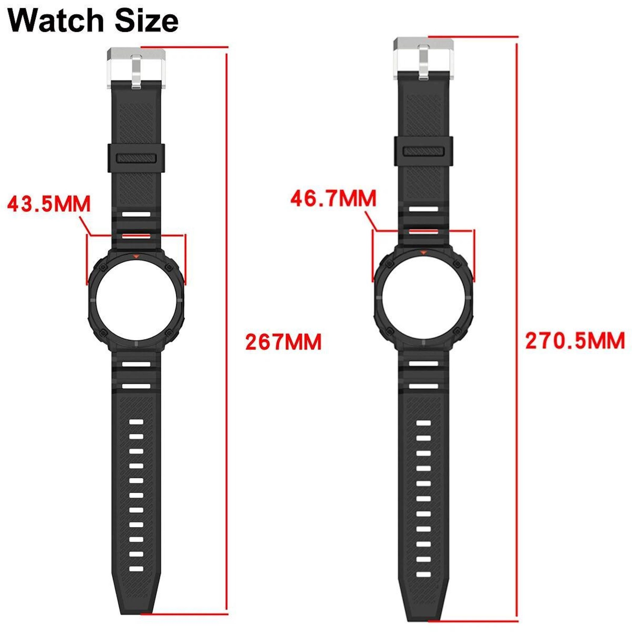 Zwei schwarze Uhrenarmbänder mit Größenangaben: 43,5MM, 267MM und 46,7MM, 270,5MM.