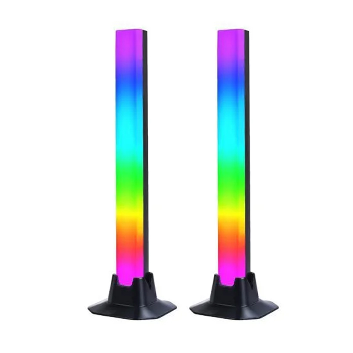 Zwei vertikale RGB-LED-Leuchten mit schwarzen Basen auf weißem Hintergrund.