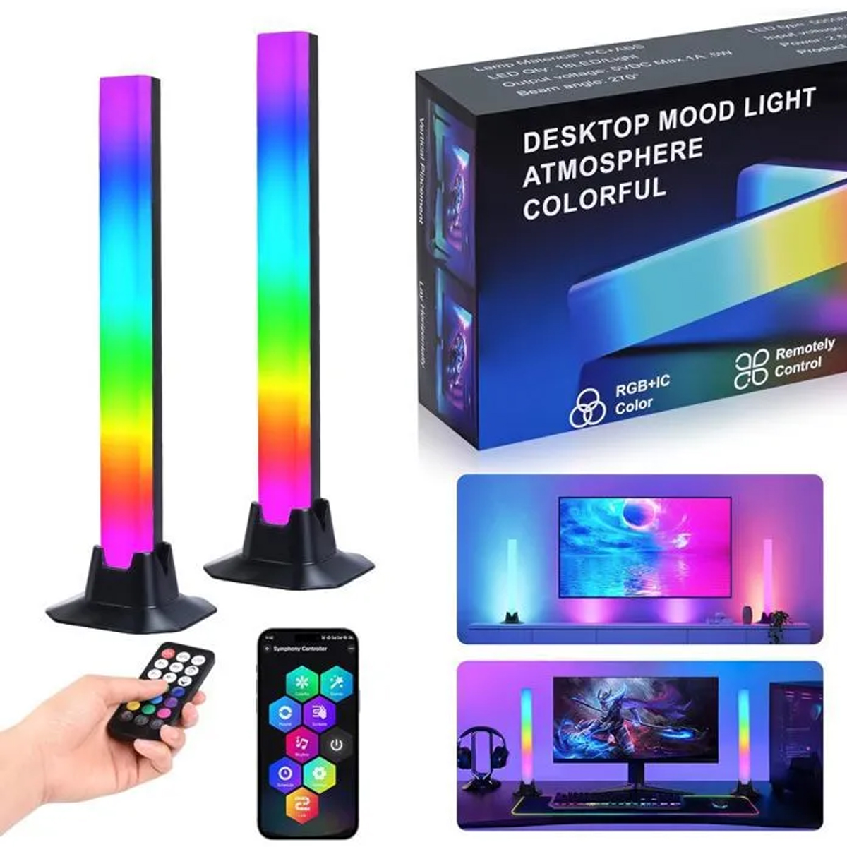 Zwei RGB-Stimmungslichtstäbe, Fernbedienung, App und Produktverpackung.
