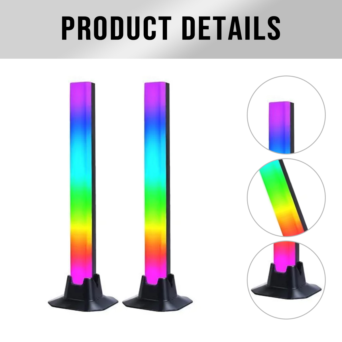 Zwei vertikale RGB-Lichtstangen stehen auf schwarzen Sockeln, mit Detailaufnahmen.