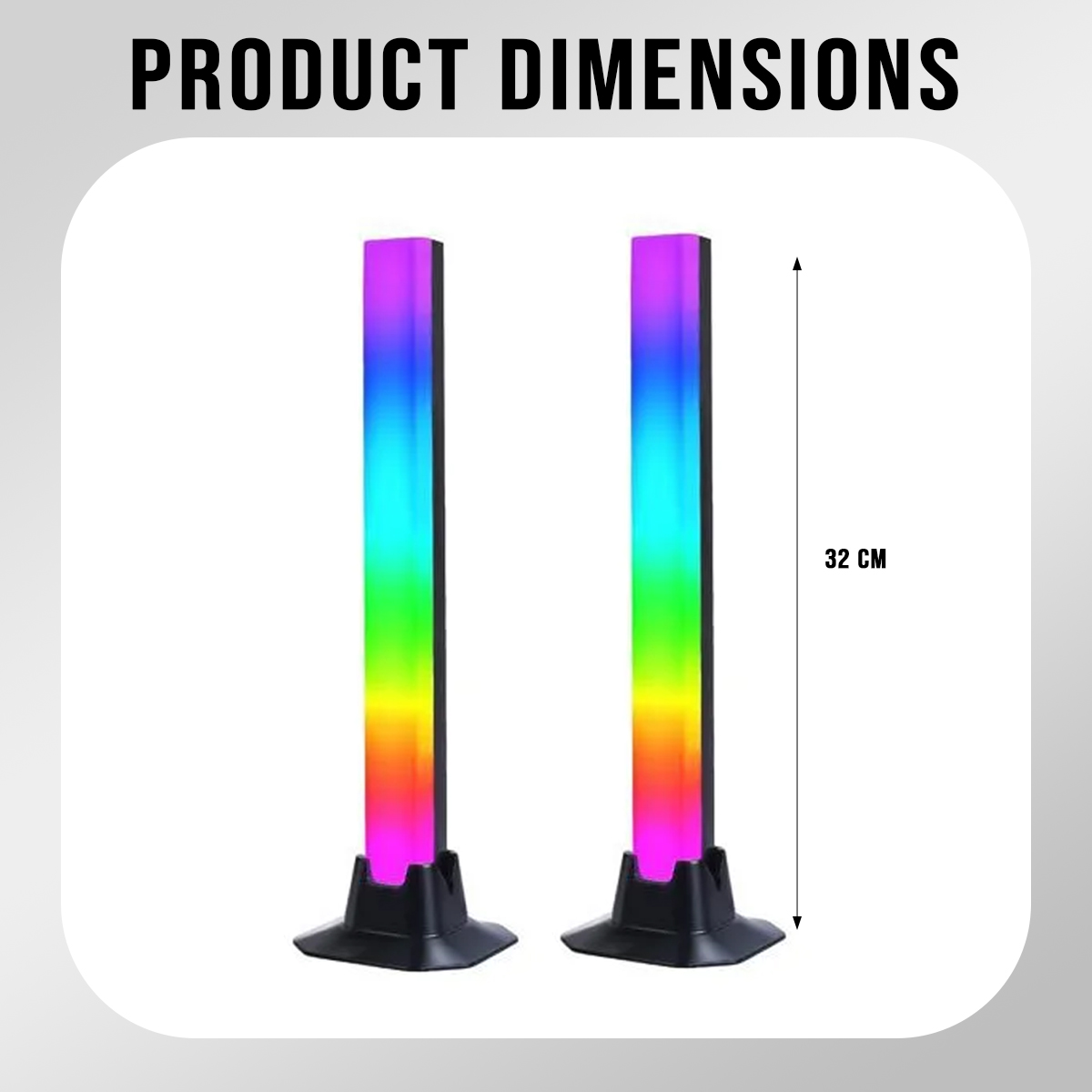 Zwei hohe, dünne Lichtleisten mit Regenbogenfarben auf schwarzen Sockeln, 32cm.