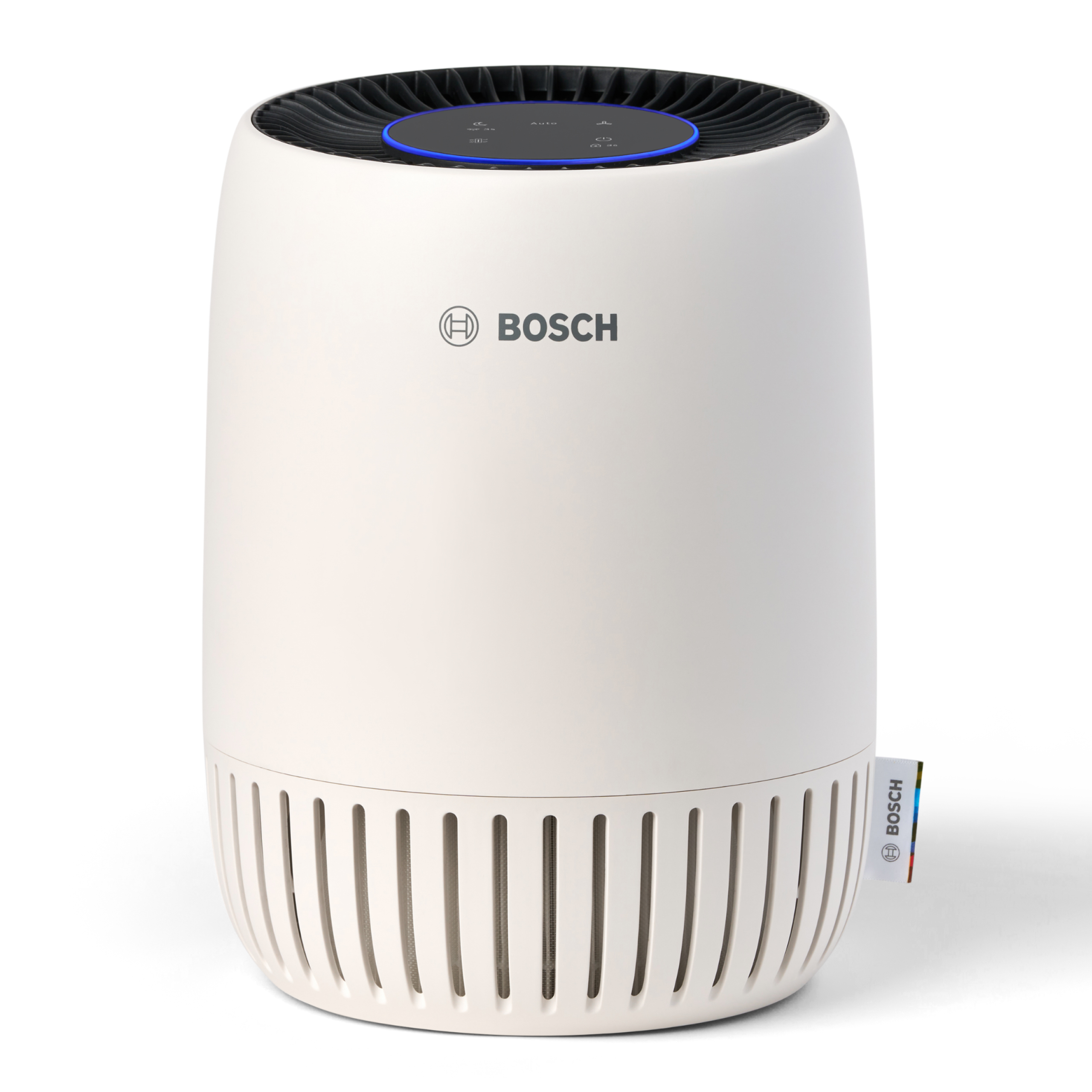 Un purificatore d'aria Bosch bianco con griglia nera e illuminazione blu.