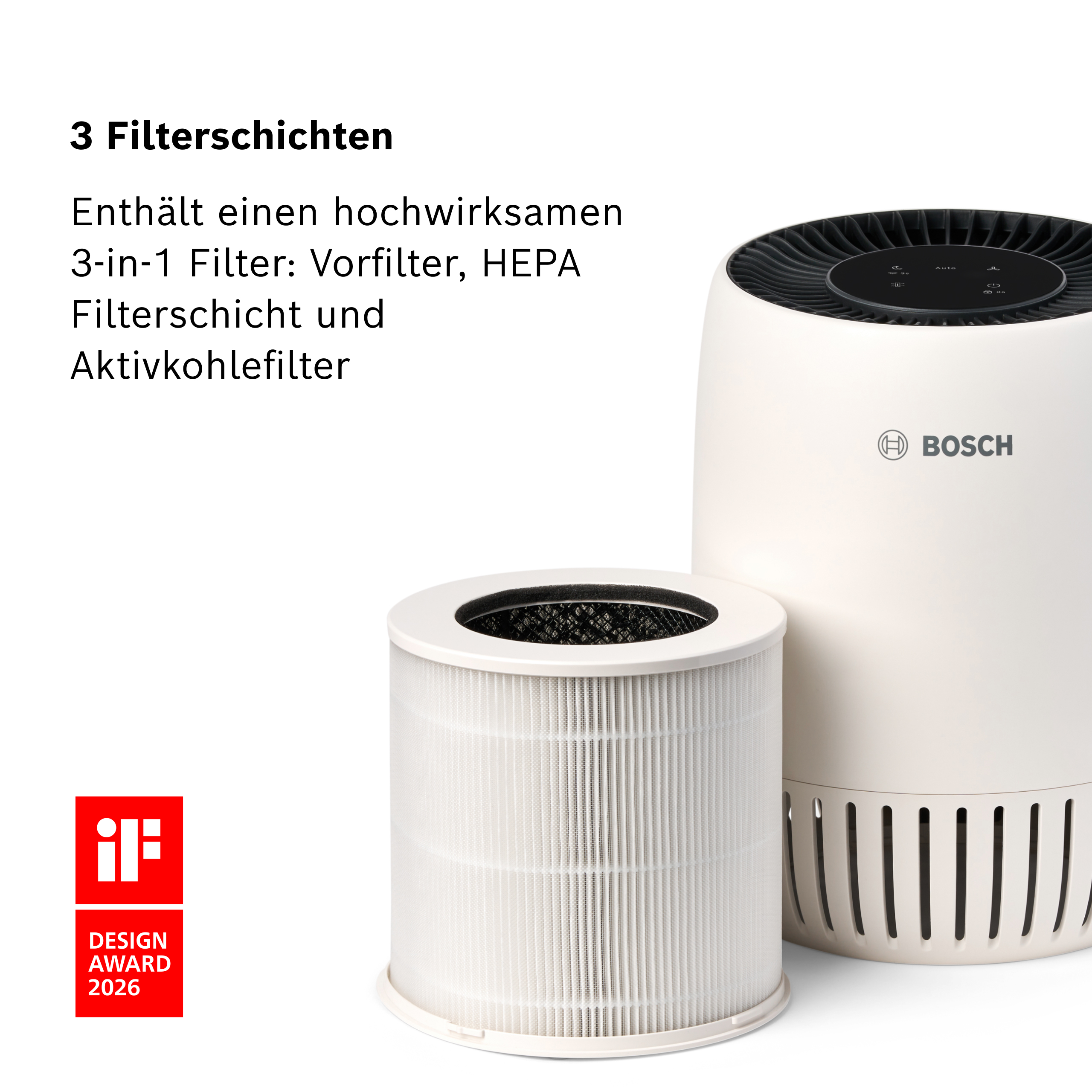 Un purificatore d'aria Bosch bianco accanto a un filtro 3-in-1. iF Design Award.