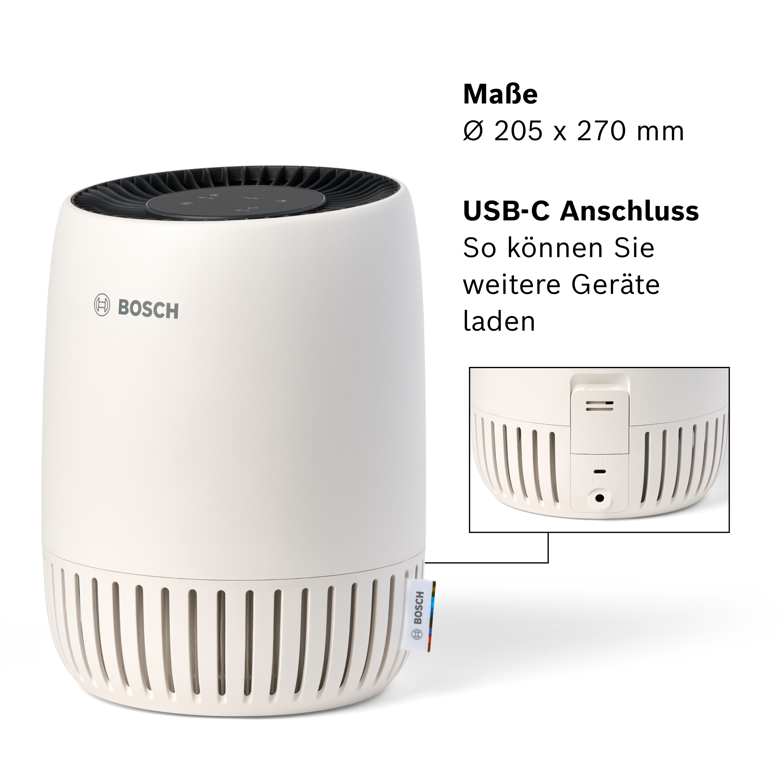 Un purificatore d'aria Bosch bianco con fessure di ventilazione e porta USB-C.