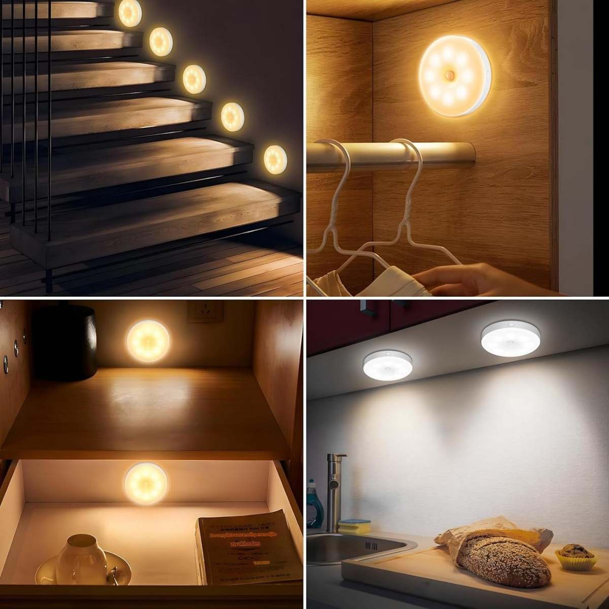 Leuchten beleuchten Treppen, Schrank, Schublade und Küche.