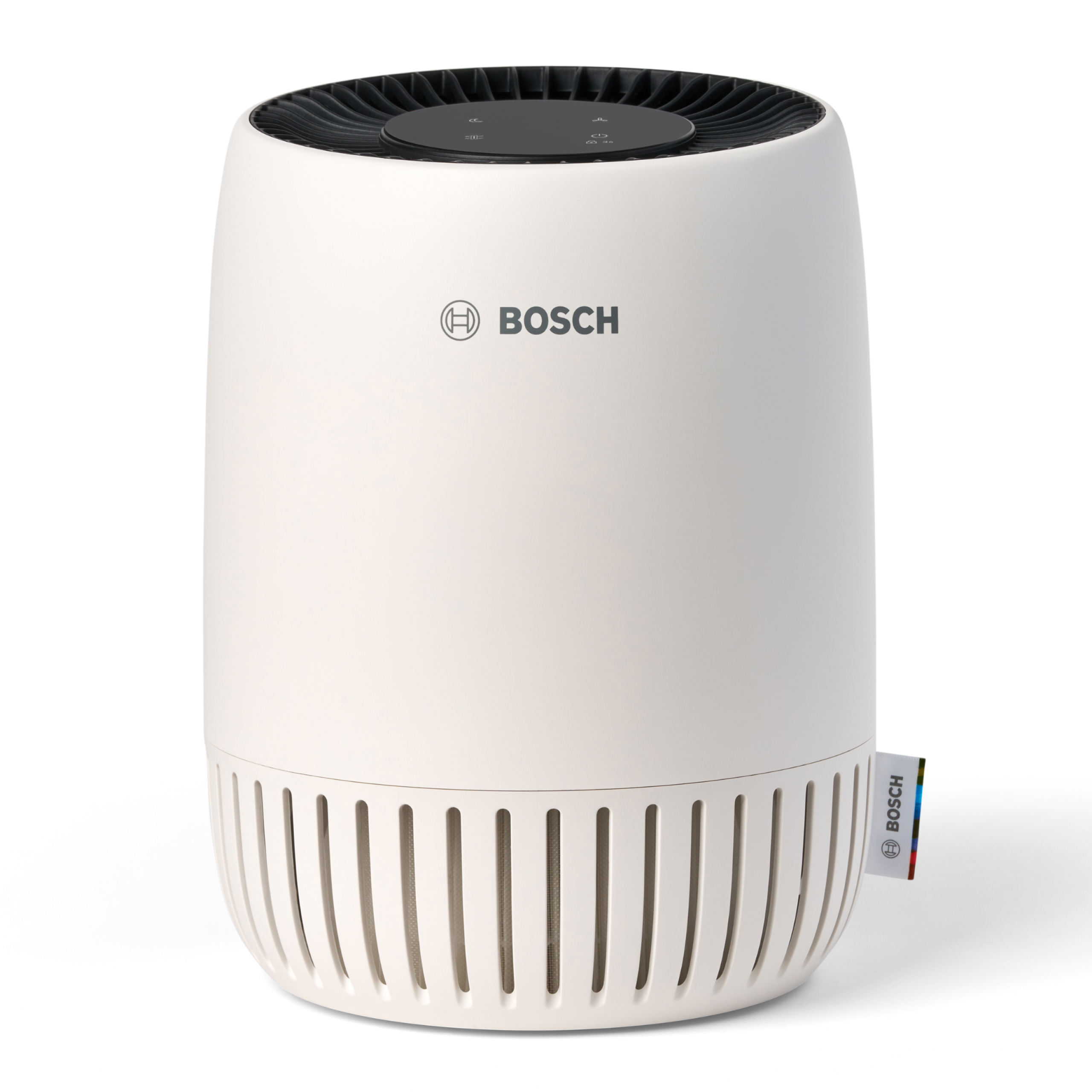 Un purificatore d'aria Bosch bianco con griglia di ventilazione nera in alto e pulsanti.