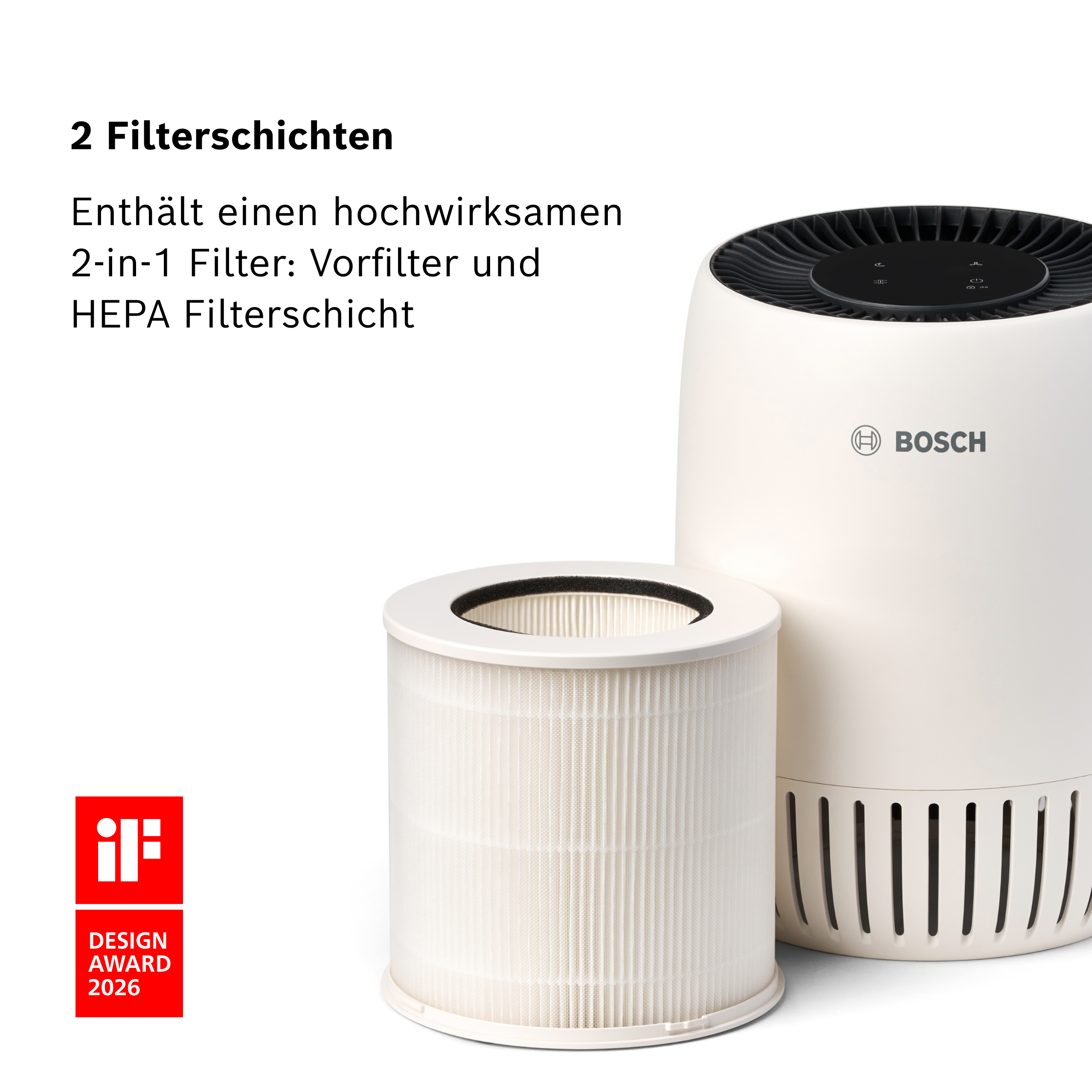 Un purificatore d'aria Bosch bianco con filtro di ricambio e iF Design Award.