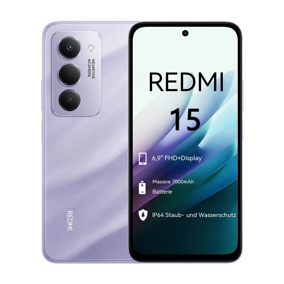 Ein lila Redmi 15 Smartphone mit drei Kameras und Vollbildanzeige.