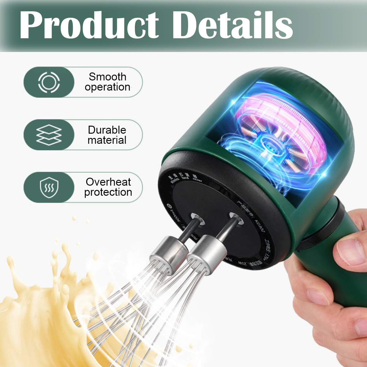 Grüner Handmixer mit Schneebesen, der in gelbe Flüssigkeit taucht. Produktmerkmale.
