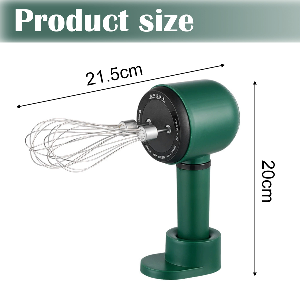 Grüner Handmixer mit Schneebesen, 21,5 cm lang, 20 cm hoch.