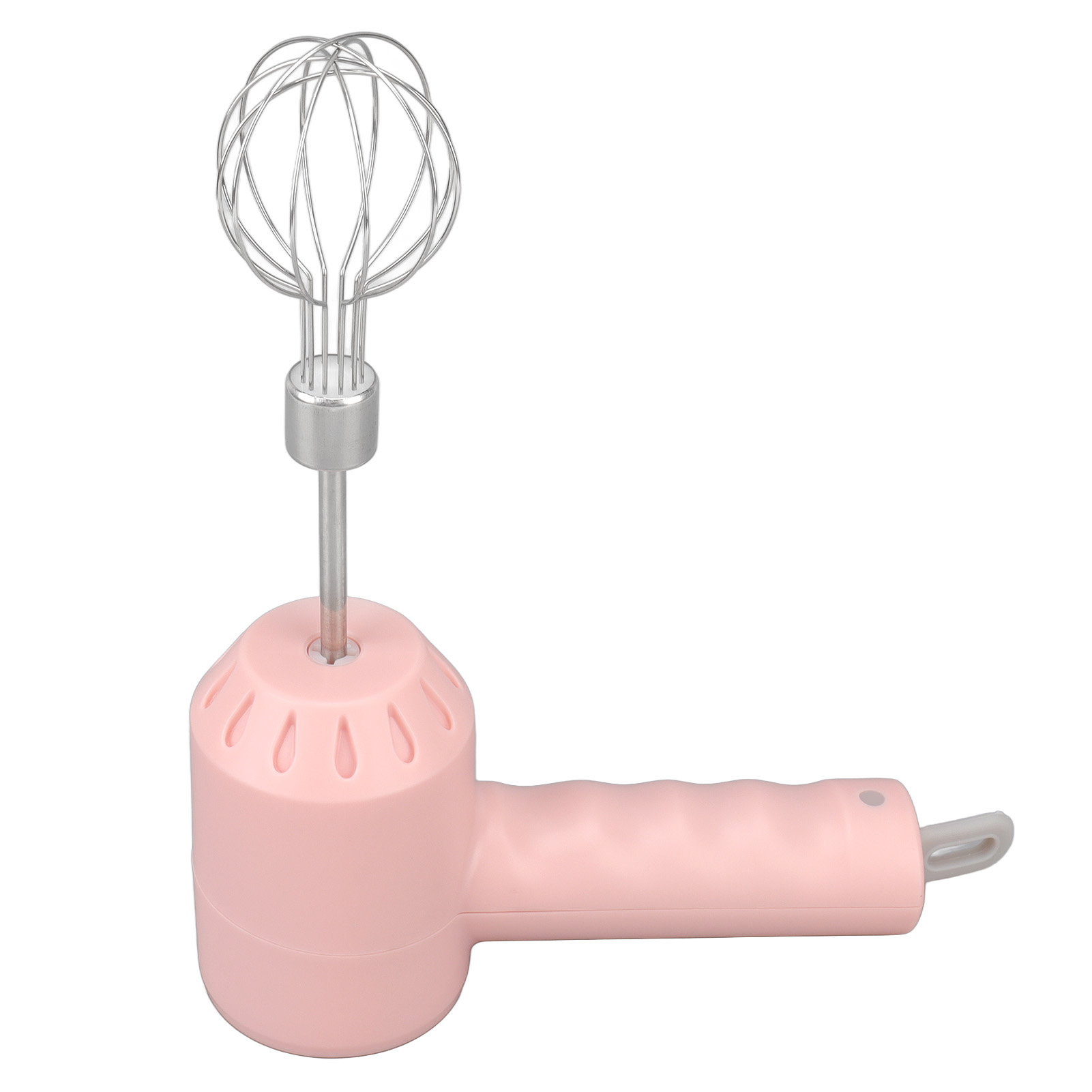 Ein rosa Handmixer mit einem silbernen Schneebesen auf weißem Hintergrund.