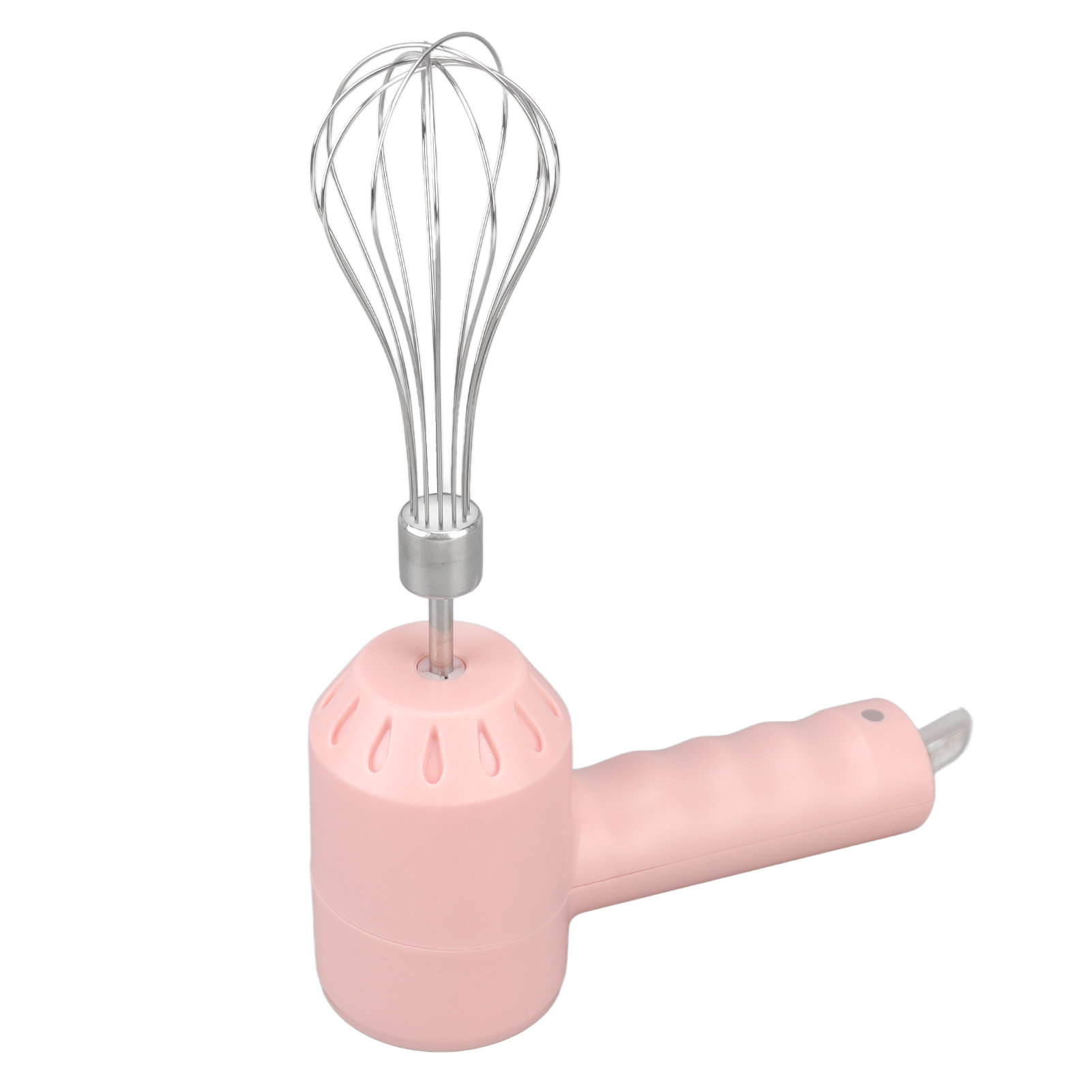 Ein rosa Handrührgerät mit einem silbernen Schneebesenaufsatz steht auf weißem Grund.