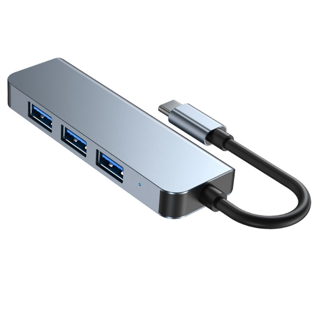 Grauer USB-C-Hub mit drei USB-A-Anschlüssen und einem USB-C-Kabel.