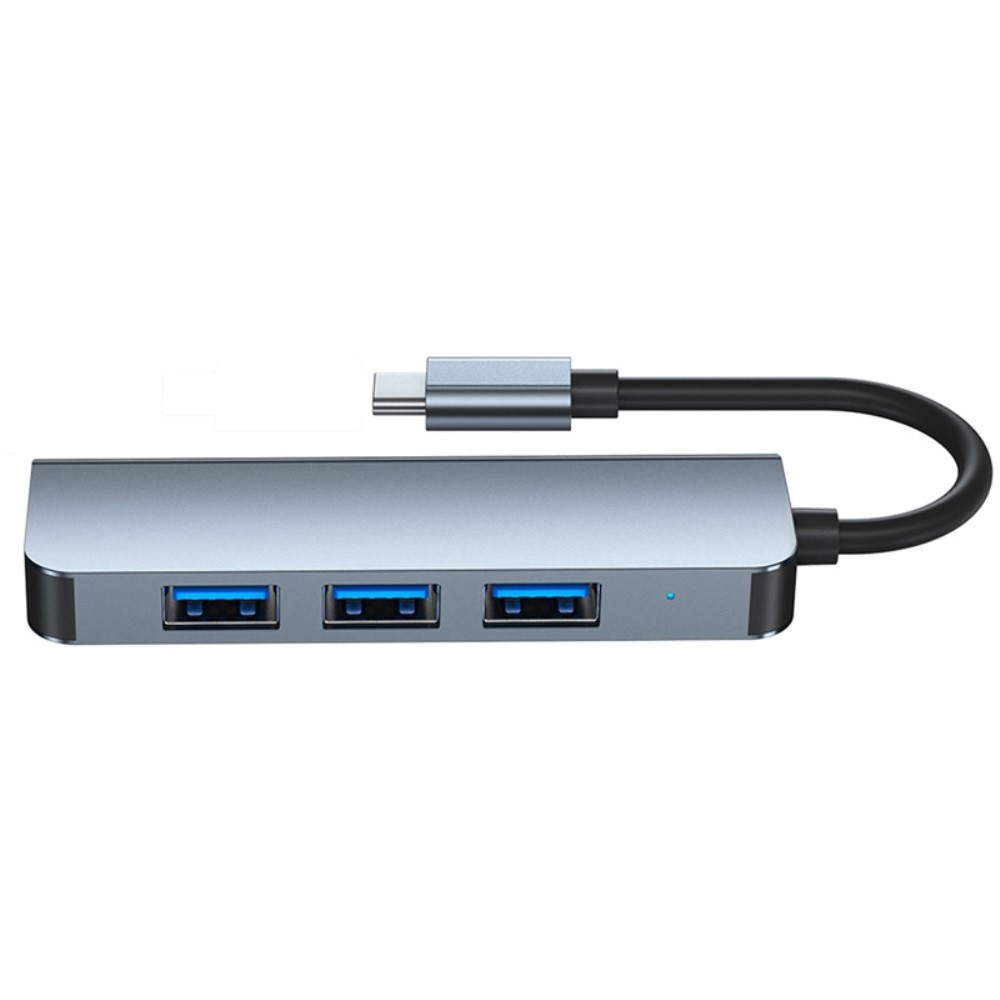 Eine silberne USB-C-Hub mit drei blauen USB-Anschlüssen und schwarzem Kabel.