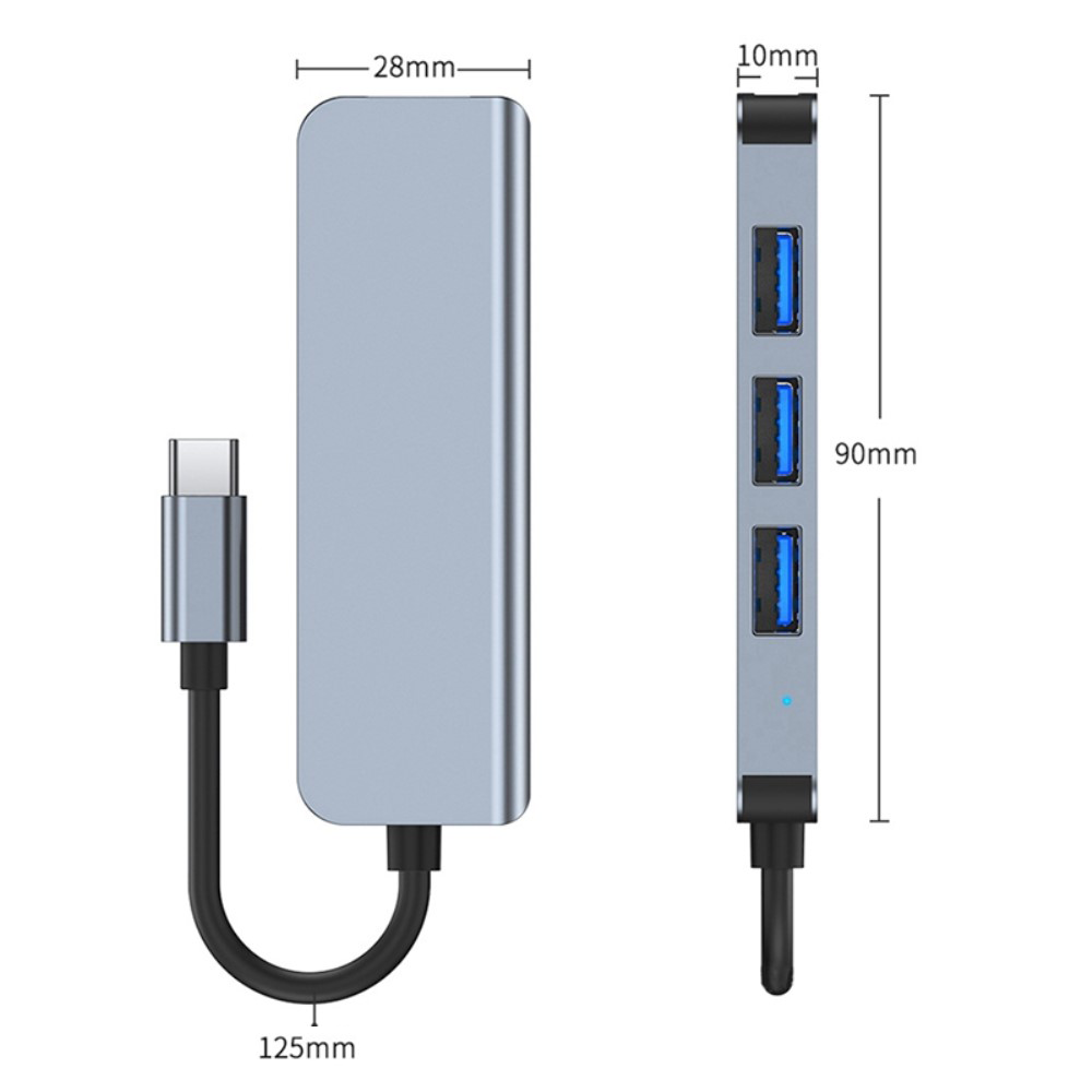 Ein grauer USB-C-Hub mit drei USB-Anschlüssen und Maßen.