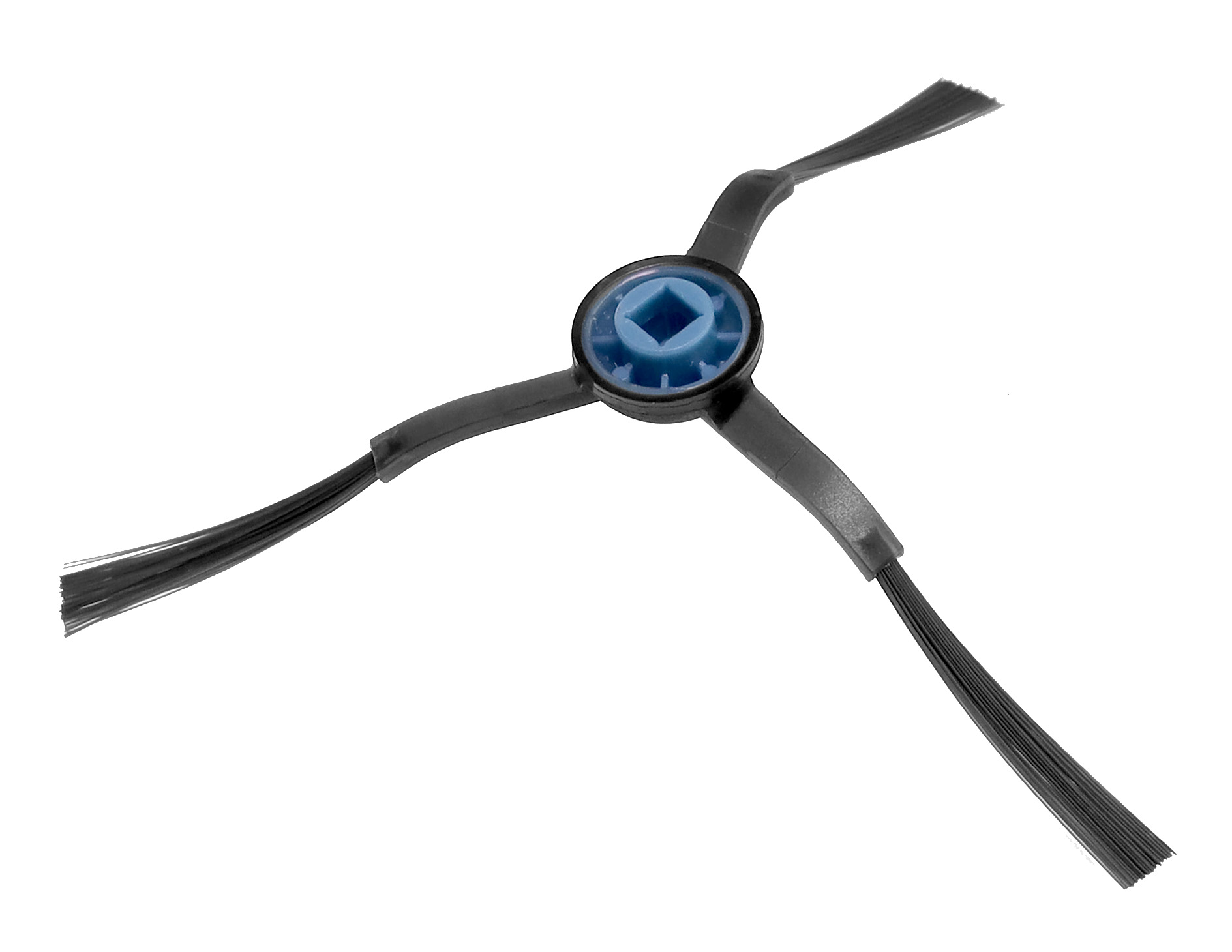 Ein dreieckiger Saugroboter-Seitenbürstenkopf mit blauem Mittelteil.