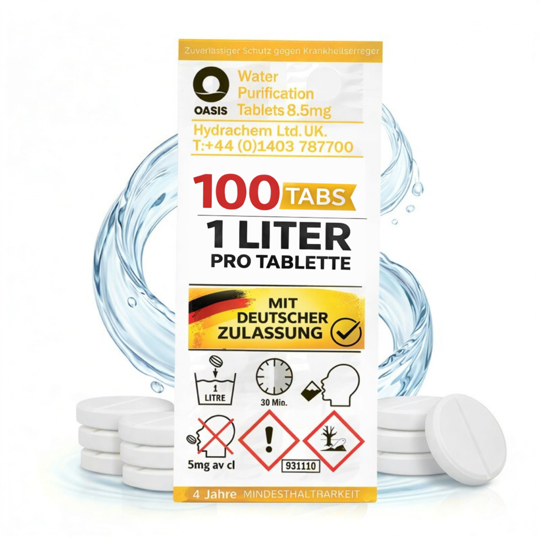 Oasis Wasserentkeimungstabletten 8.5mg, 100 Stück, für 1 Liter Wasser pro Tablette.