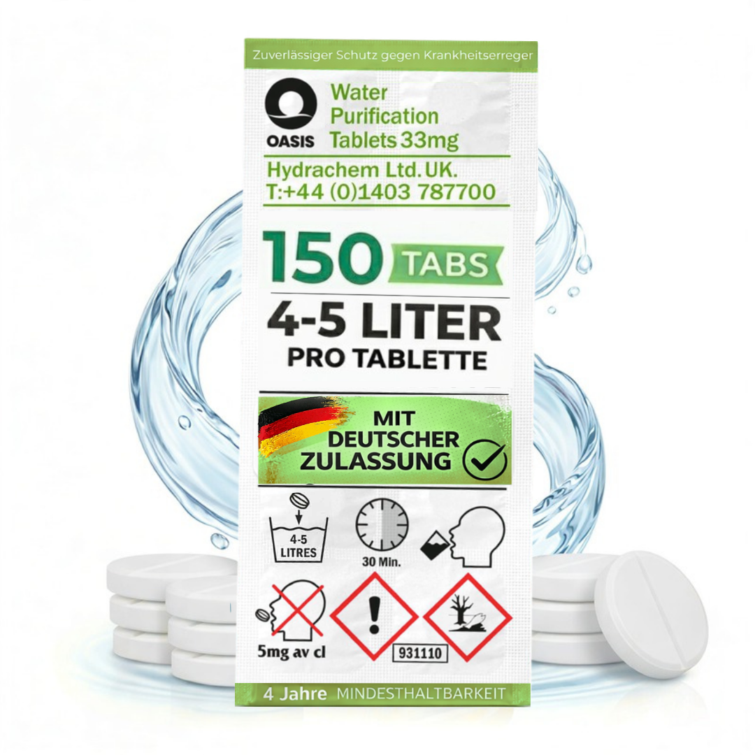 Packung mit 150 Oasis Wasserreinigungstabletten, 33mg, für 4-5 Liter pro Tablette.
