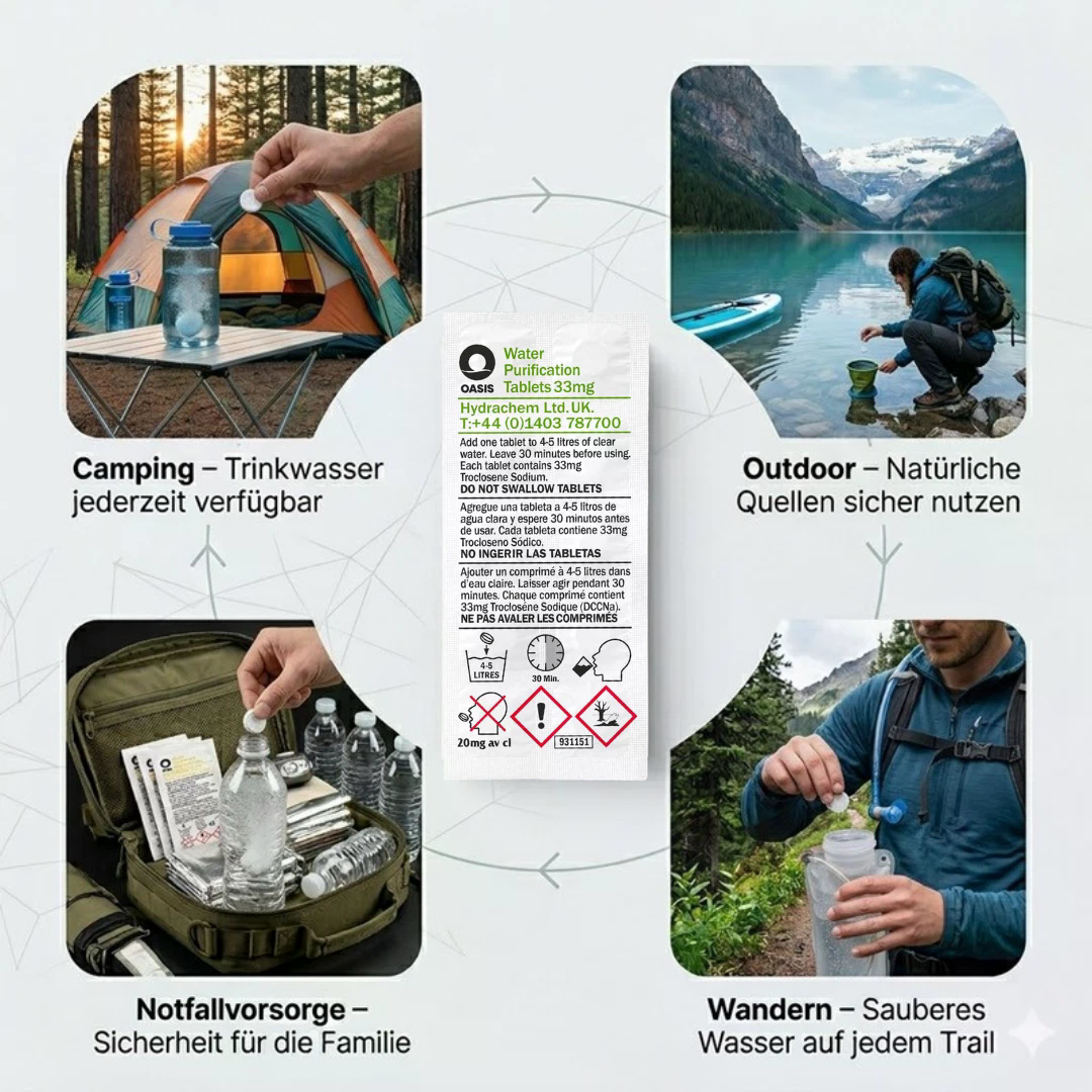 Camping, Outdoor, Notfallvorsorge und Wandern. Wasseraufbereitungstabletten.