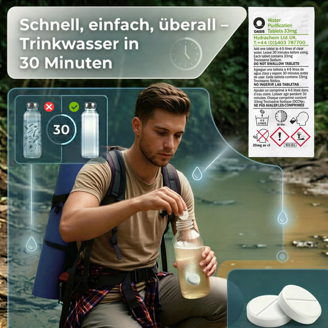 Mann im Wald bereitet Trinkwasser mit Tablette zu. Wasserreinigung.