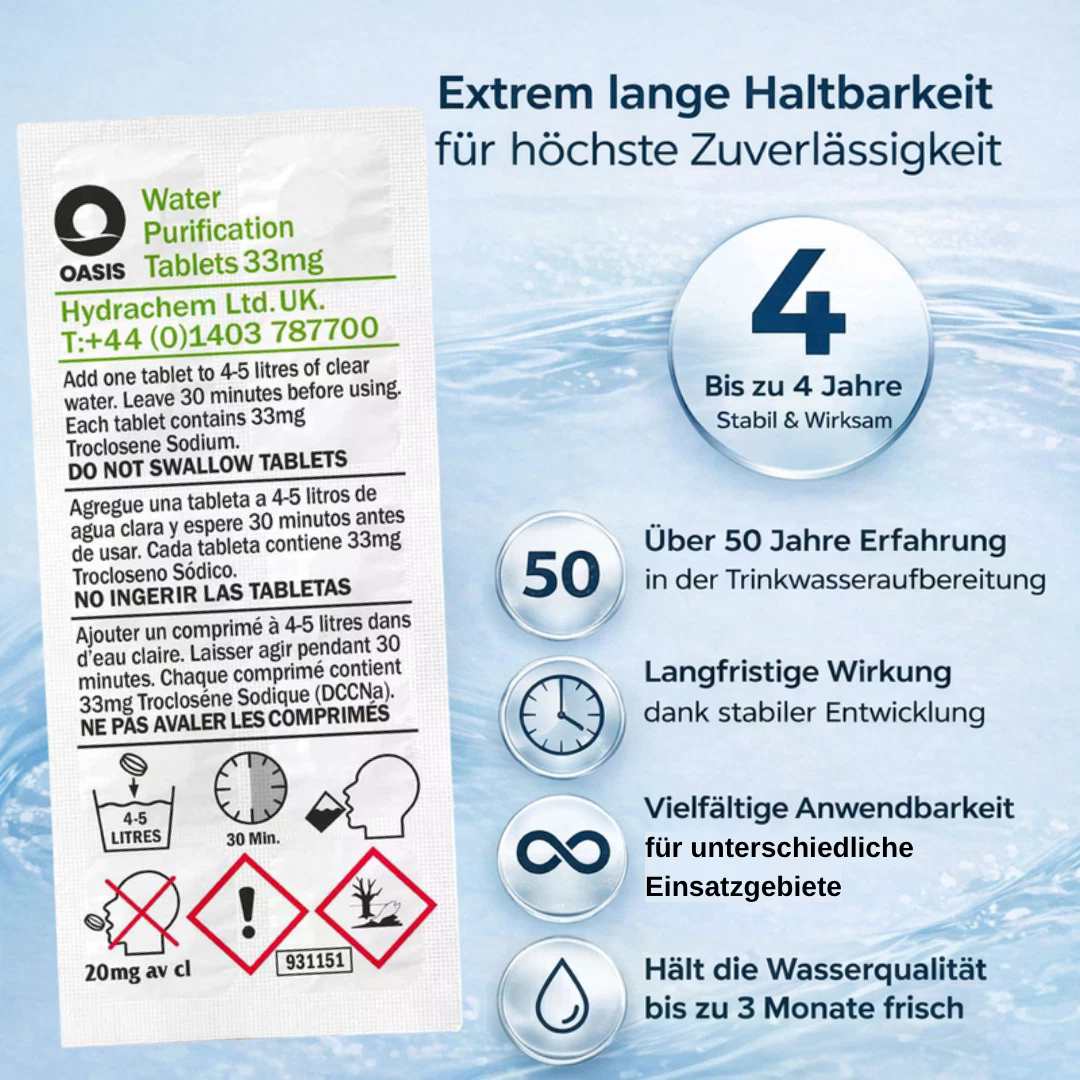 Verpackung von Wasserreinigungstabletten mit Haltbarkeitshinweisen und Anwendungsbildern.